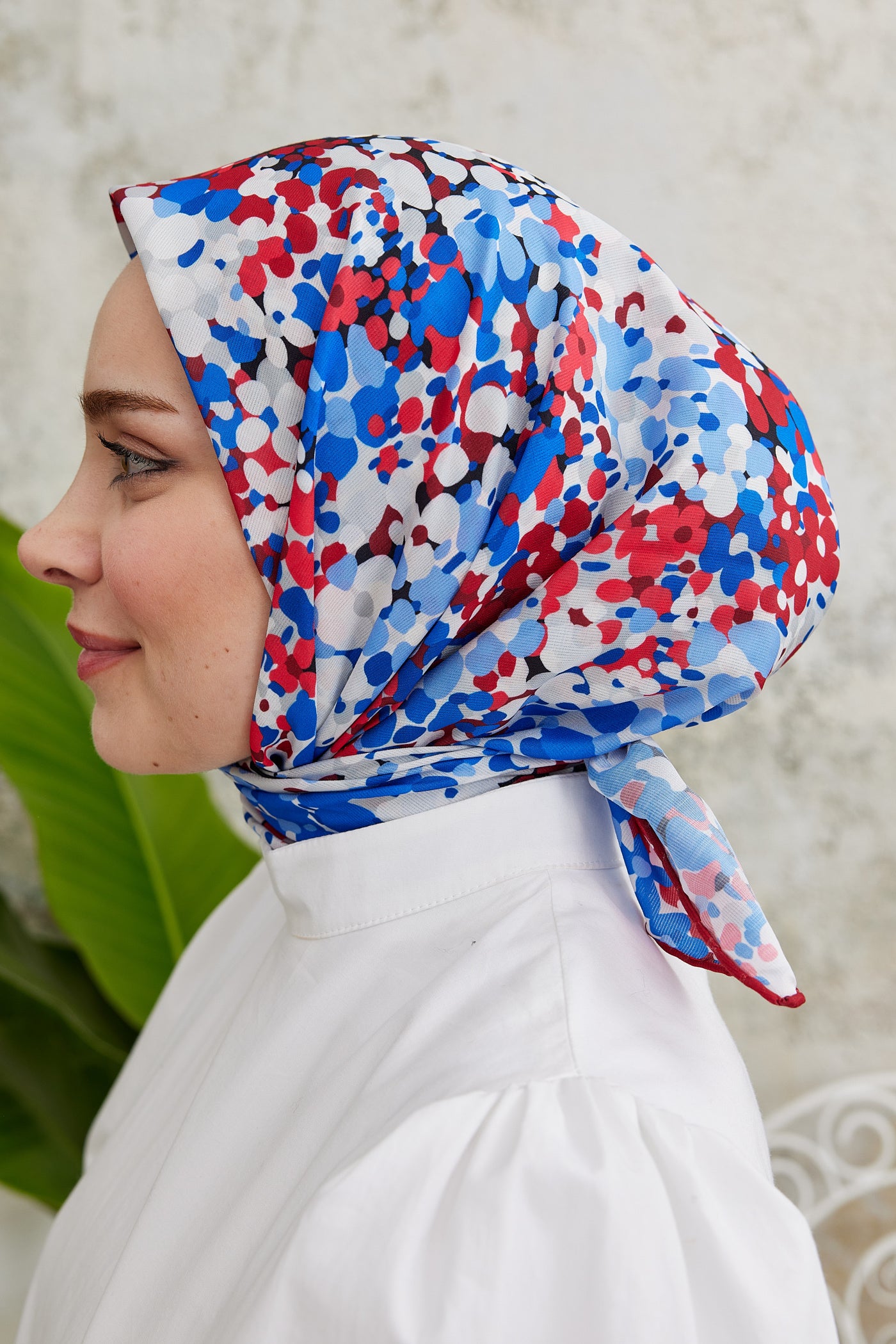 Tesettür Giyim - Pro Line Lavin Desen Eşarp - Kırmızı - İndigo - Emproyal