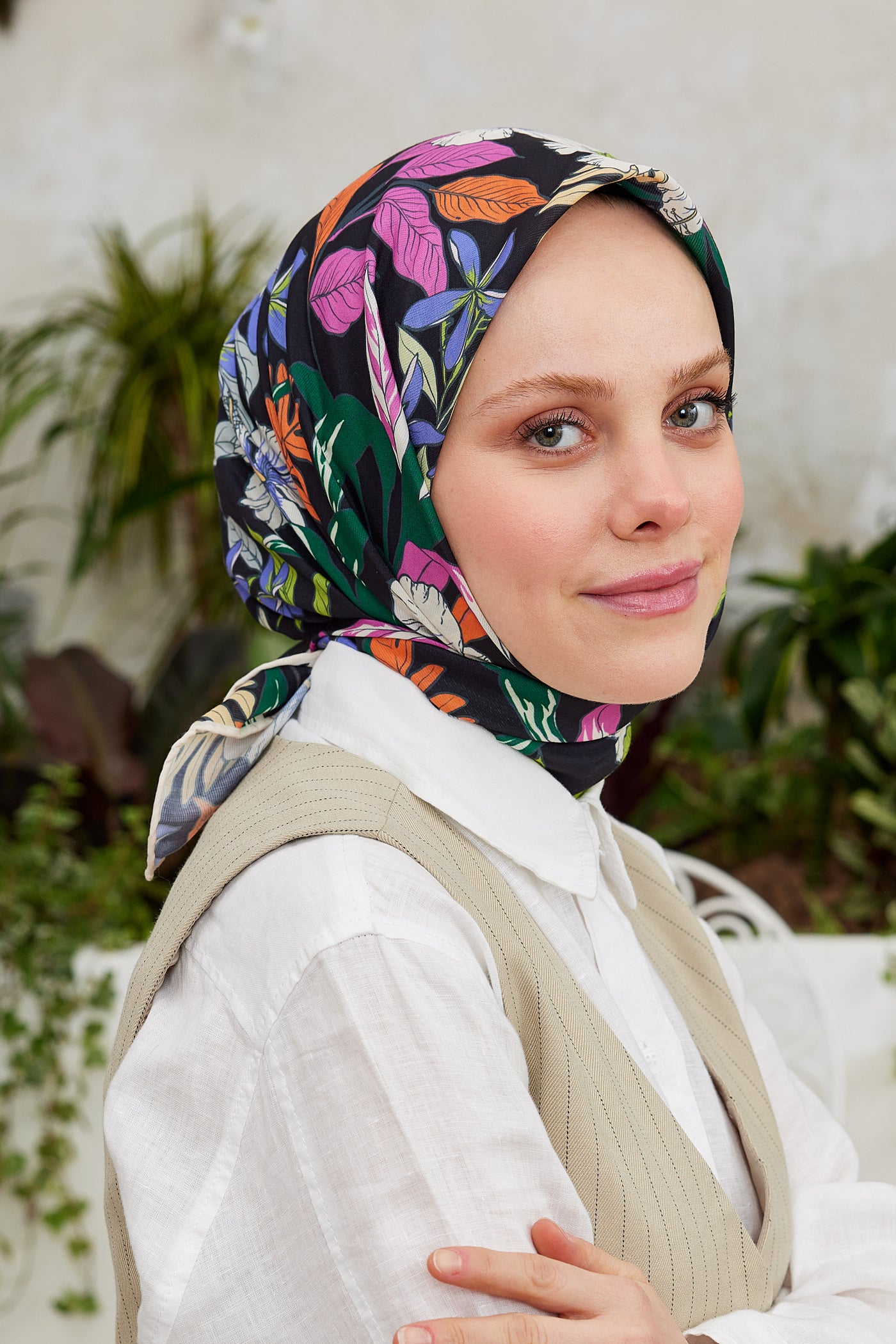 Tesettür Giyim - Pro Line Viola Desen Eşarp - Krem - Emproyal