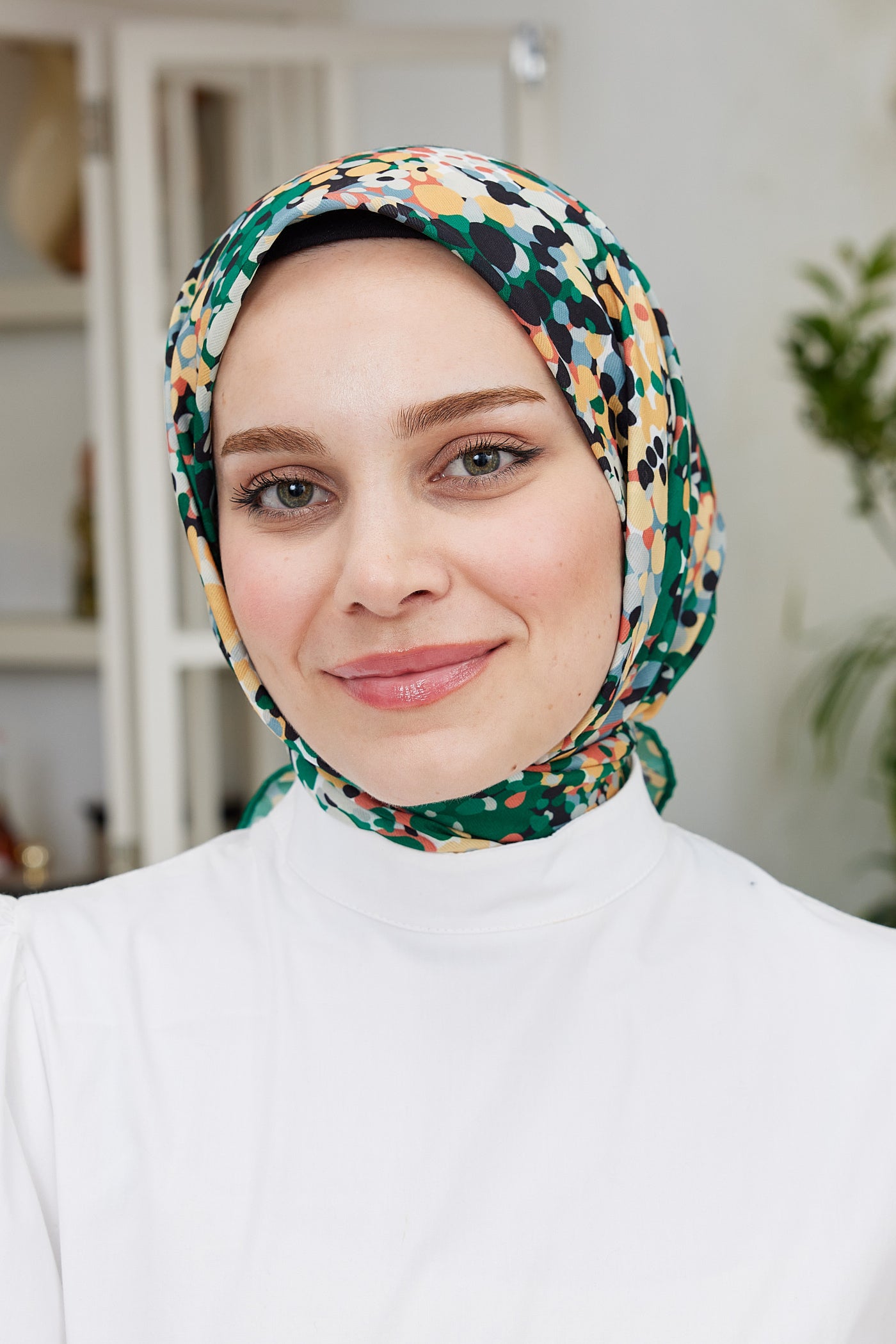 Tesettür Giyim - Pro Line Lavin Desen Eşarp - Yeşil - Sarı - Emproyal