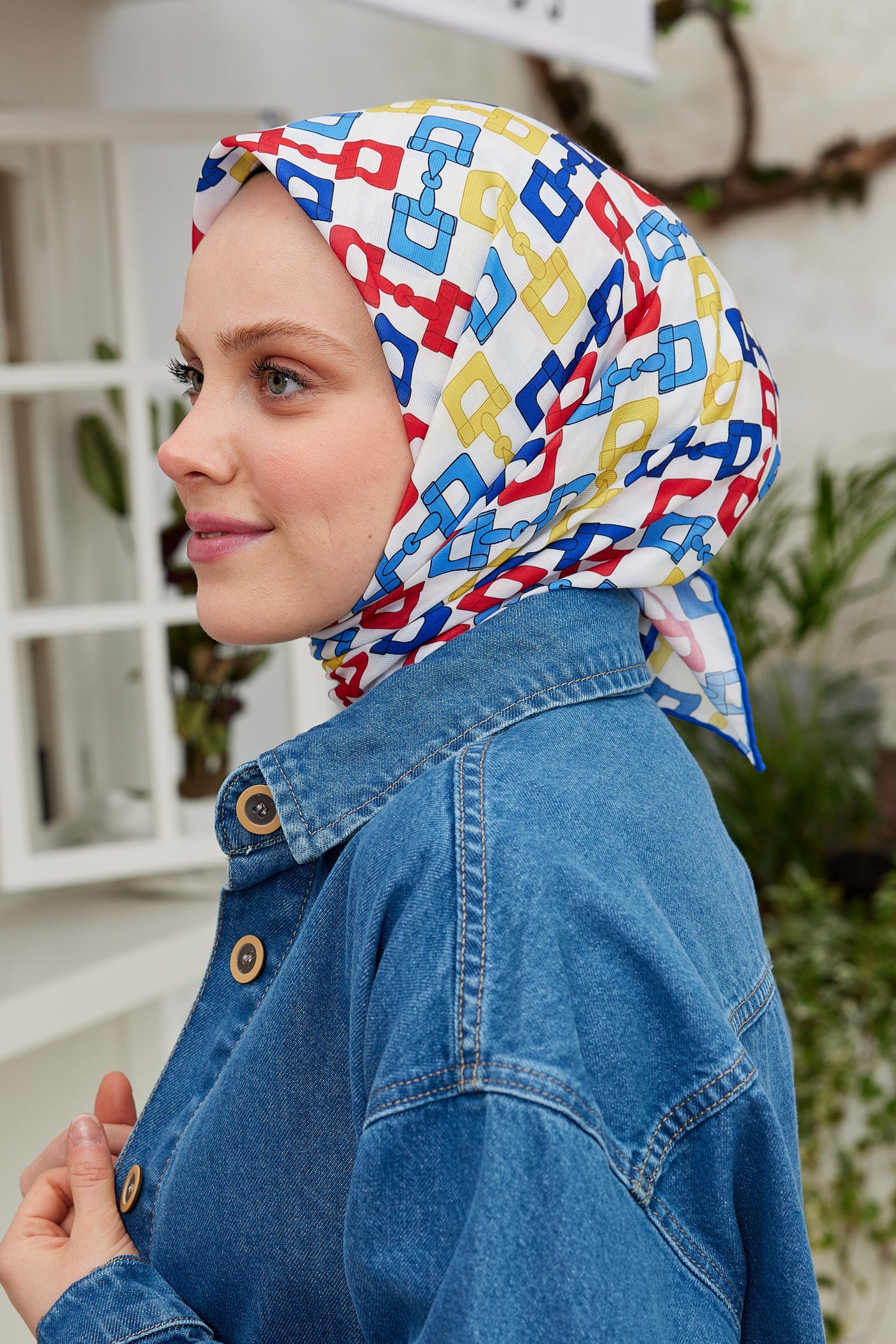 Tesettür Giyim - Pro Line Zincir Desen Eşarp - Saks - Kırmızı - Emproyal