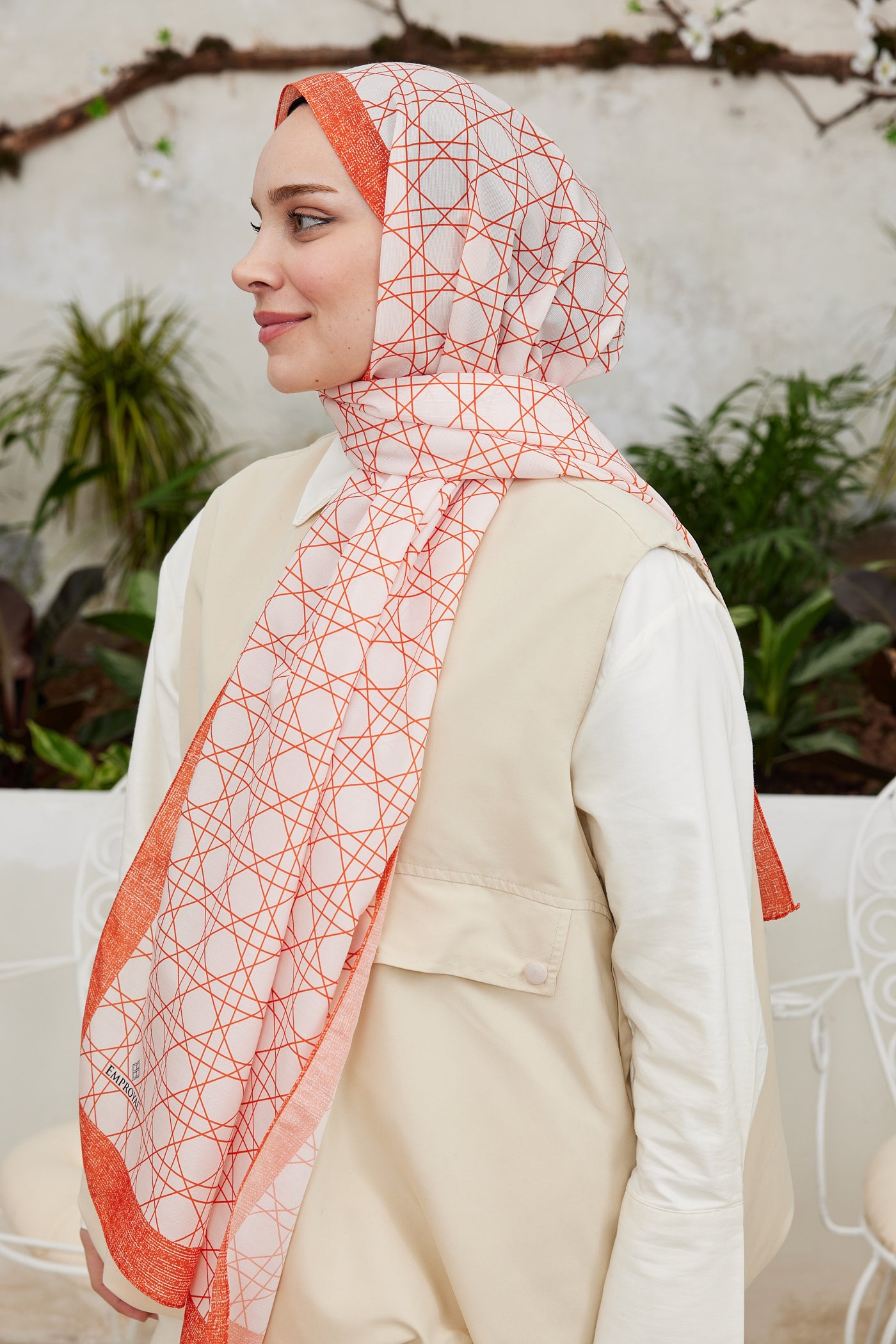 Tesettür Giyim - Pro Line Geometric Desen Şal - Turuncu - Emproyal