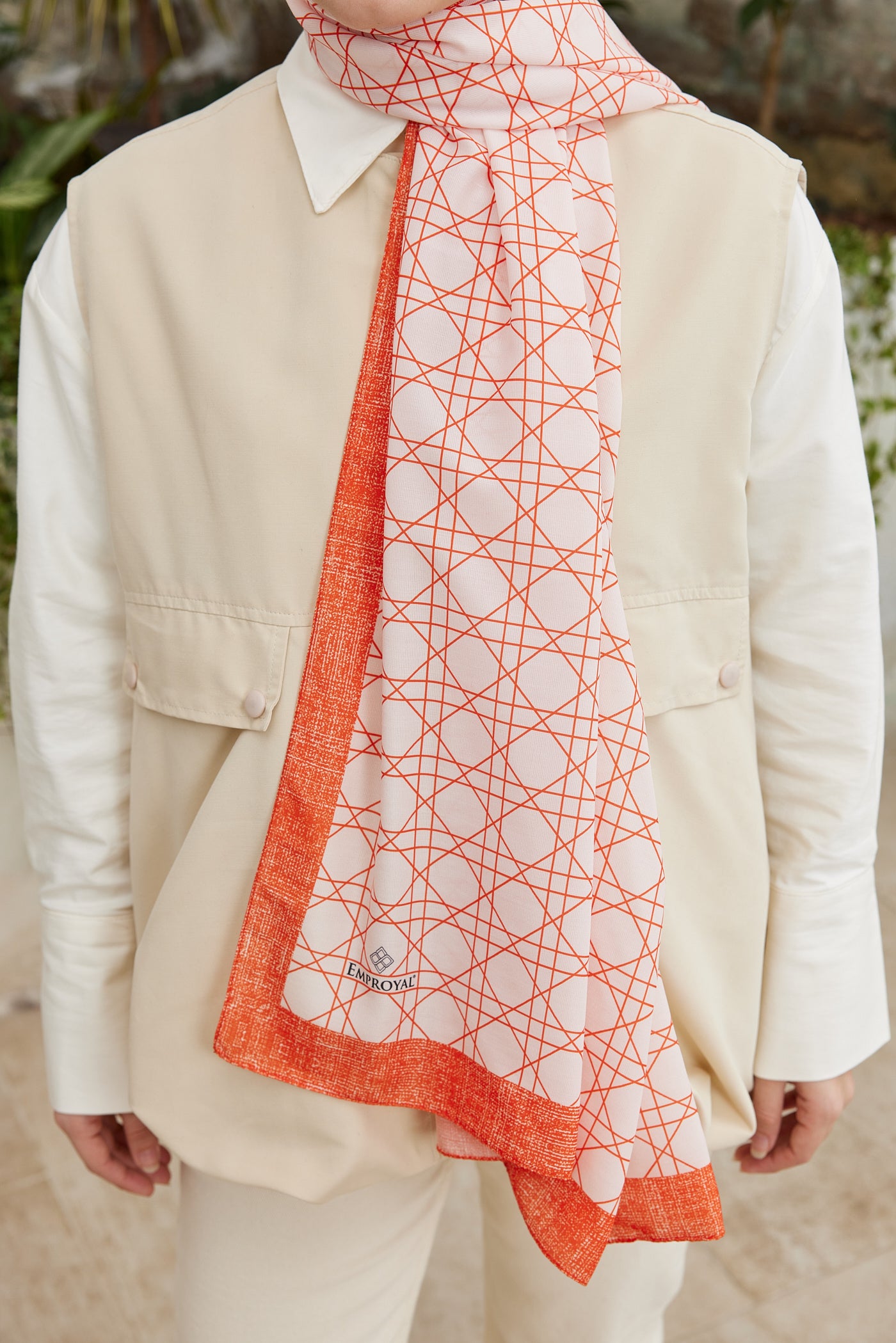 Tesettür Giyim - Pro Line Geometric Desen Şal - Turuncu - Emproyal