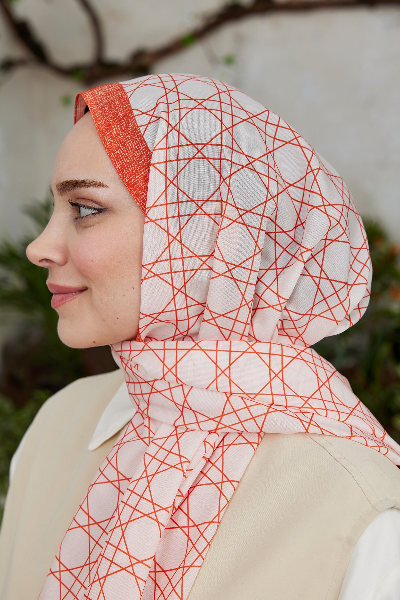 Tesettür Giyim - Pro Line Geometric Desen Şal - Turuncu - Emproyal