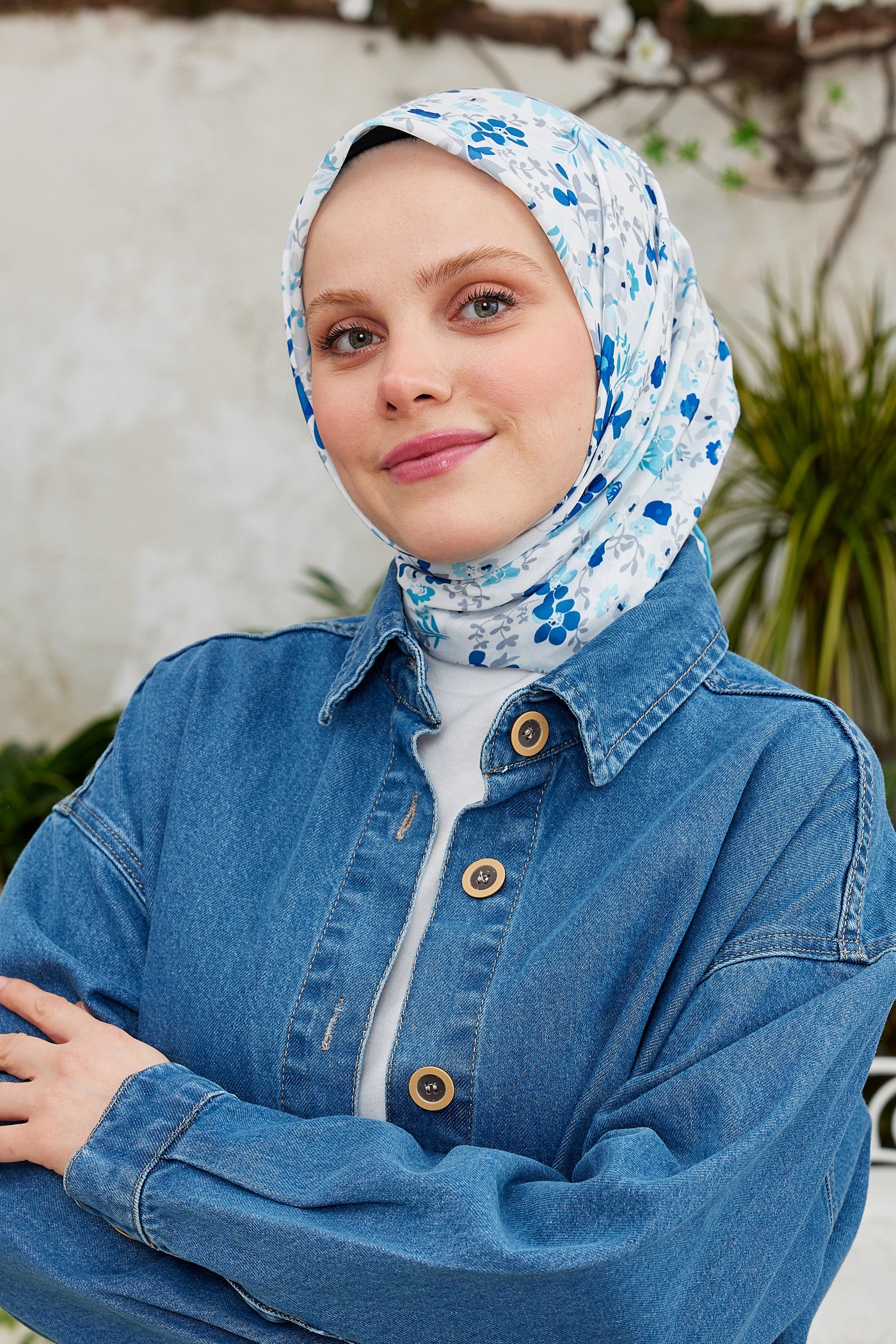 Tesettür Giyim - Pro Line Rosaline Desen Eşarp - Turkuaz - Lacivert - Emproyal