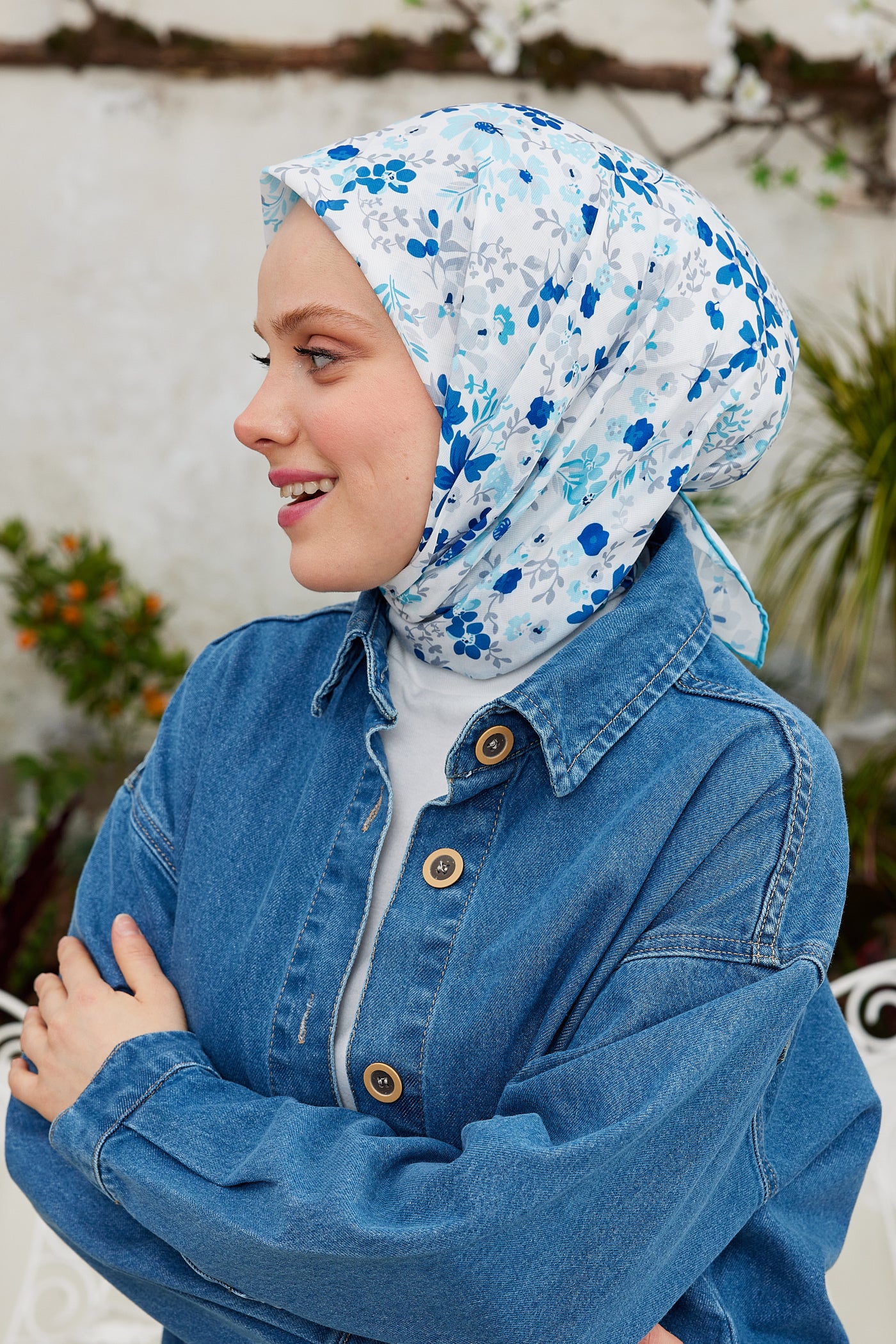 Tesettür Giyim - Pro Line Rosaline Desen Eşarp - Turkuaz - Lacivert - Emproyal