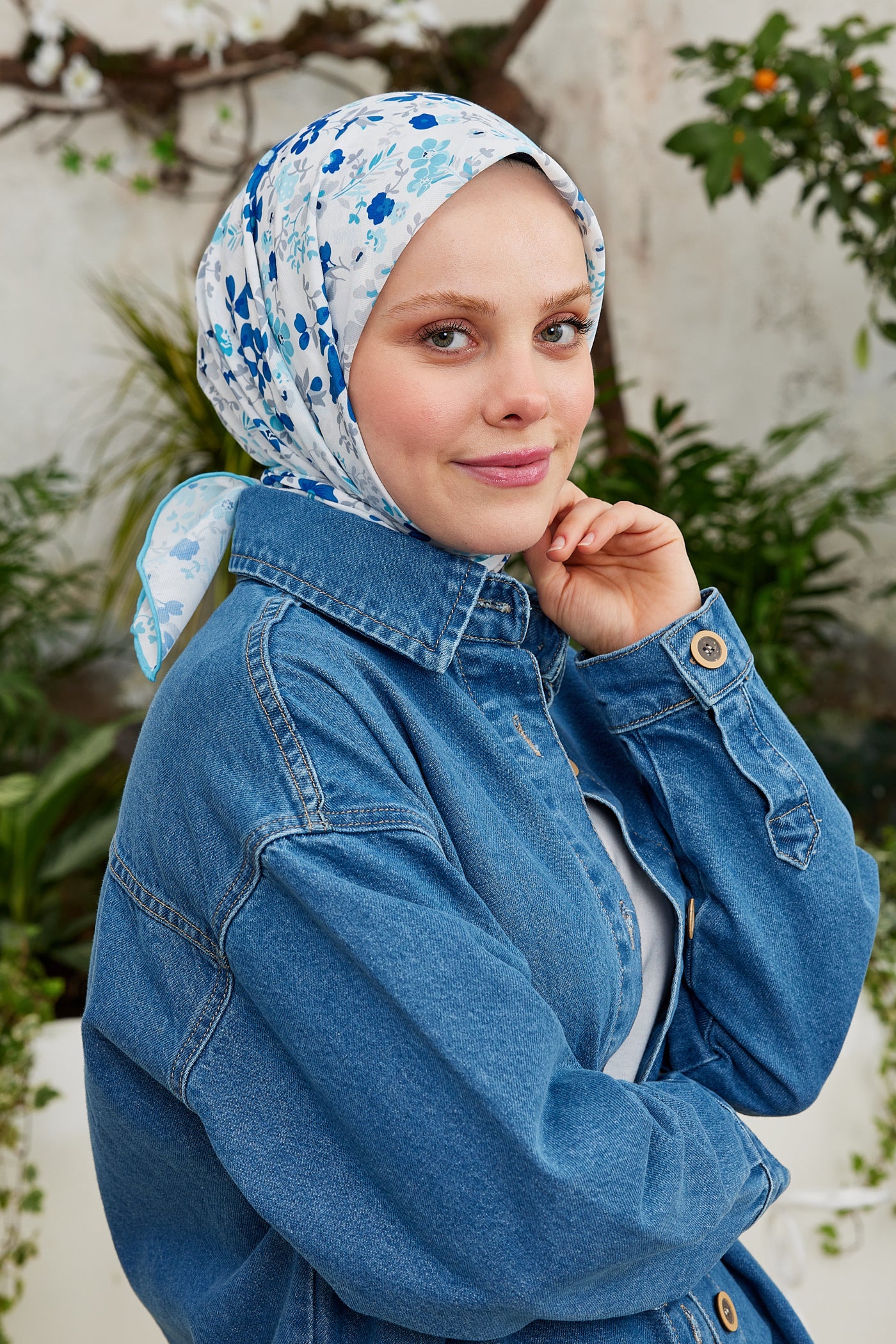 Tesettür Giyim - Pro Line Rosaline Desen Eşarp - Turkuaz - Lacivert - Emproyal