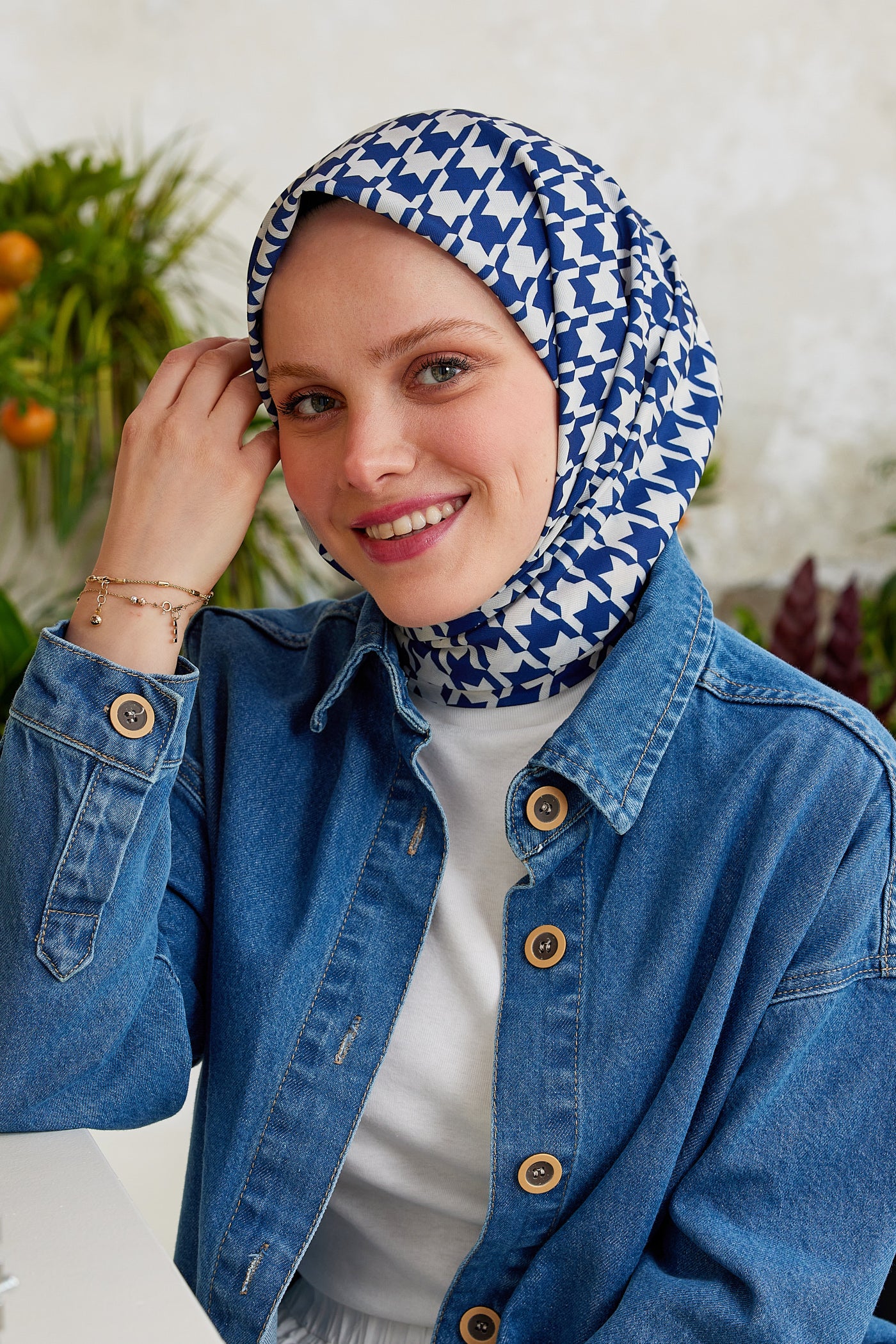 Tesettür Giyim - Pro Line Kazayağı Desen Eşarp - Kırmızı - İndigo - Emproyal