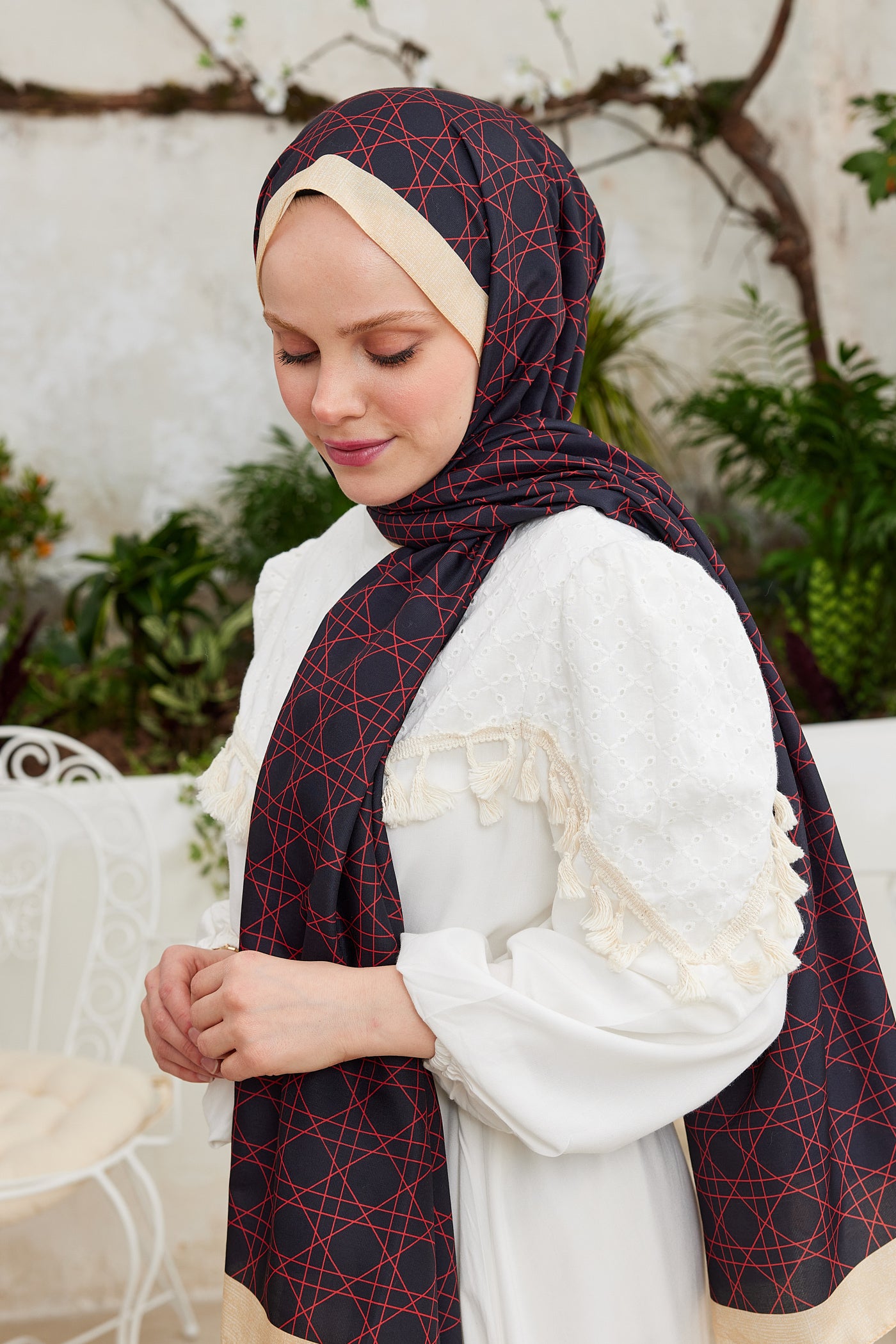 Tesettür Giyim - Pro Line Geometric Desen Şal - Bordo - Emproyal