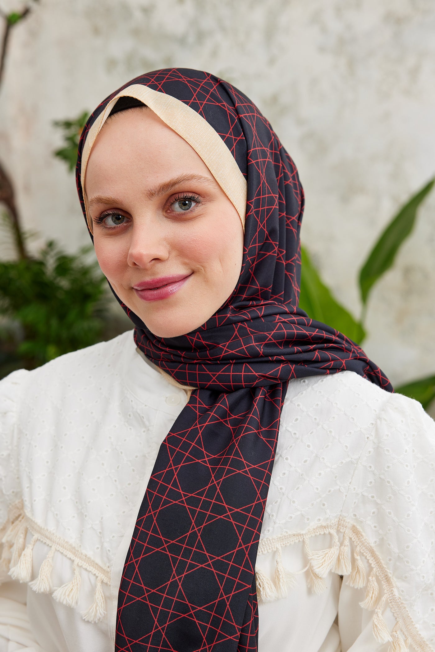 Tesettür Giyim - Pro Line Geometric Desen Şal - Bordo - Emproyal