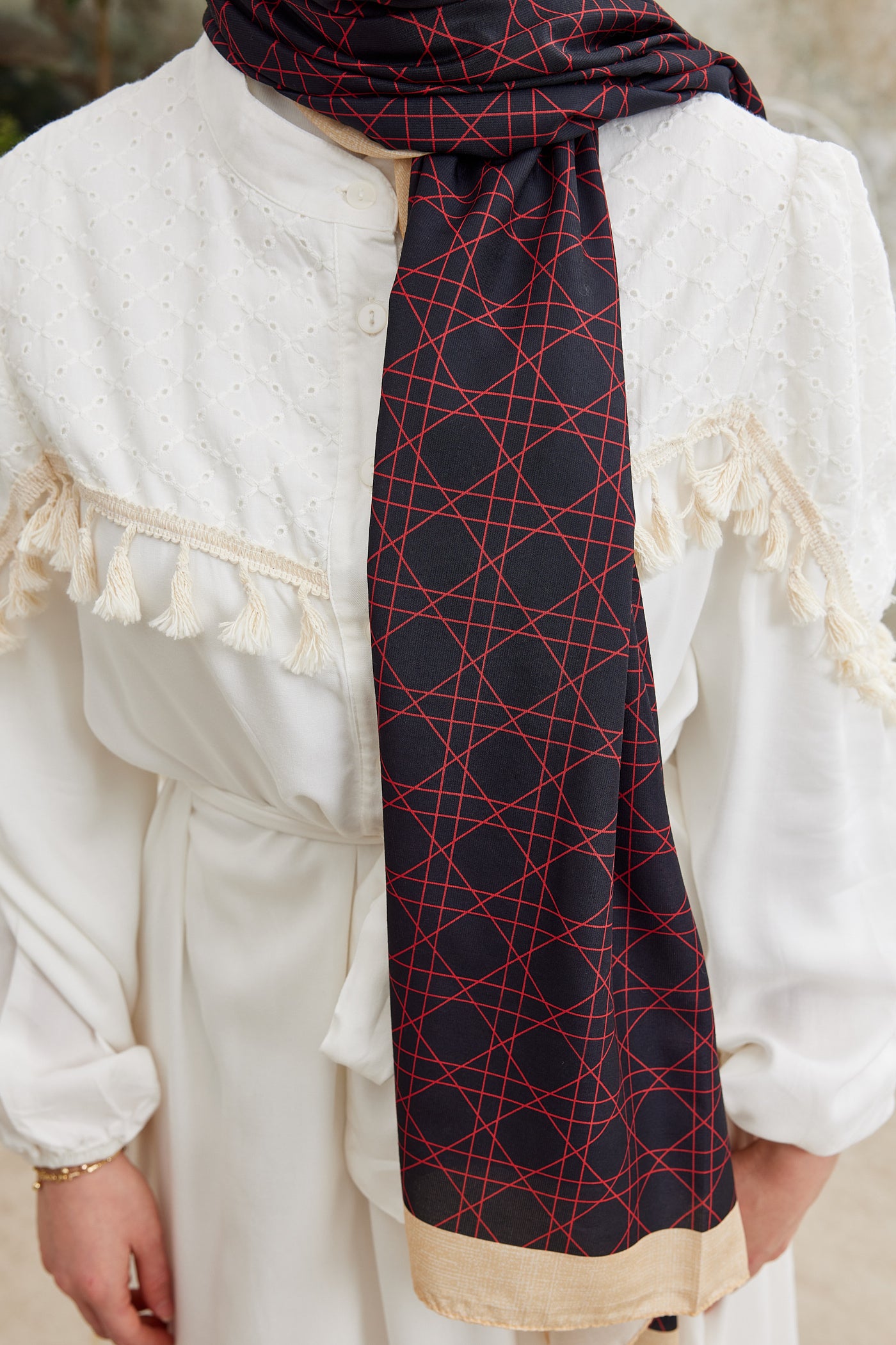 Tesettür Giyim - Pro Line Geometric Desen Şal - Bordo - Emproyal