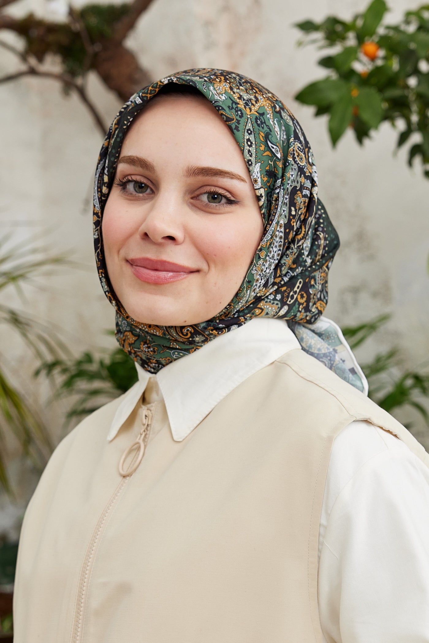 Tesettür Giyim - Pro Line Etnic Desen Eşarp - Koyu Yeşil - Haki - Emproyal