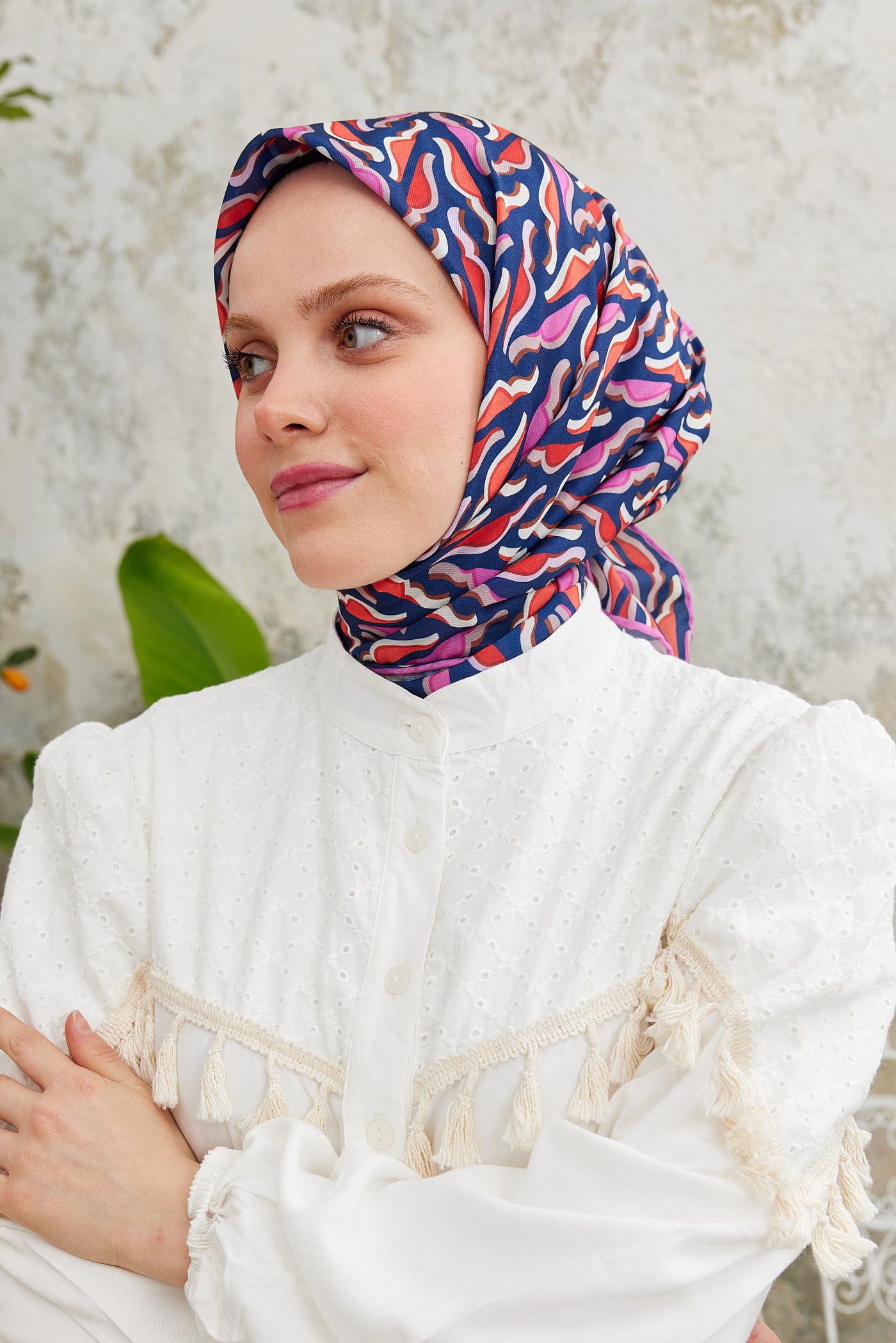 Tesettür Giyim - Pro Line Nancy Desen Eşarp - Pembe - Lacivert - Emproyal