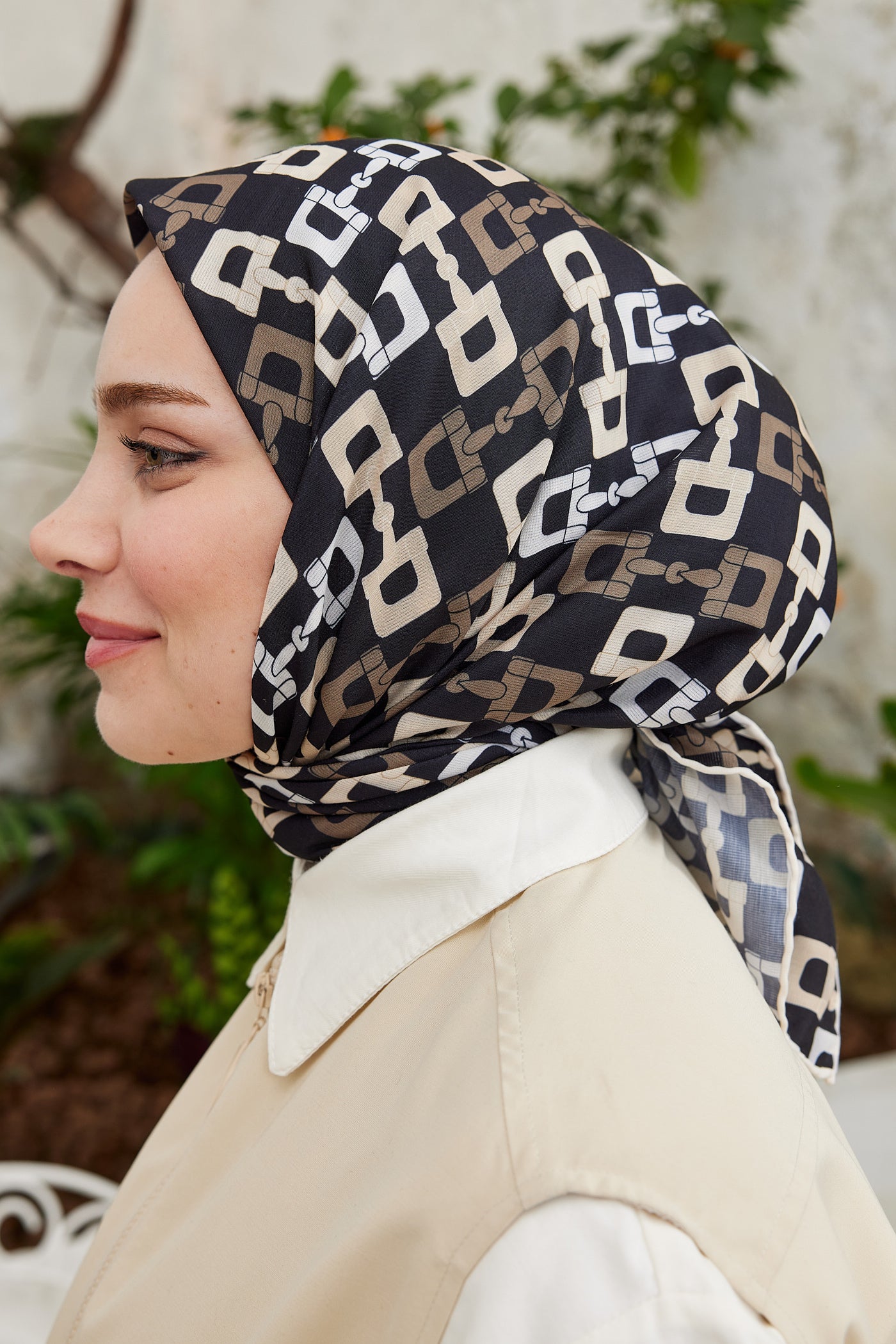 Tesettür Giyim - Pro Line Zincir Desen Eşarp - Bej - Kahverengi - Emproyal