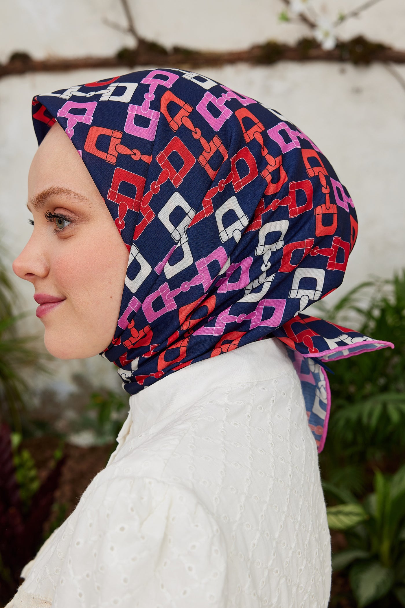 Tesettür Giyim - Pro Line Zincir Desen Eşarp - Lacivert - Pembe - Emproyal