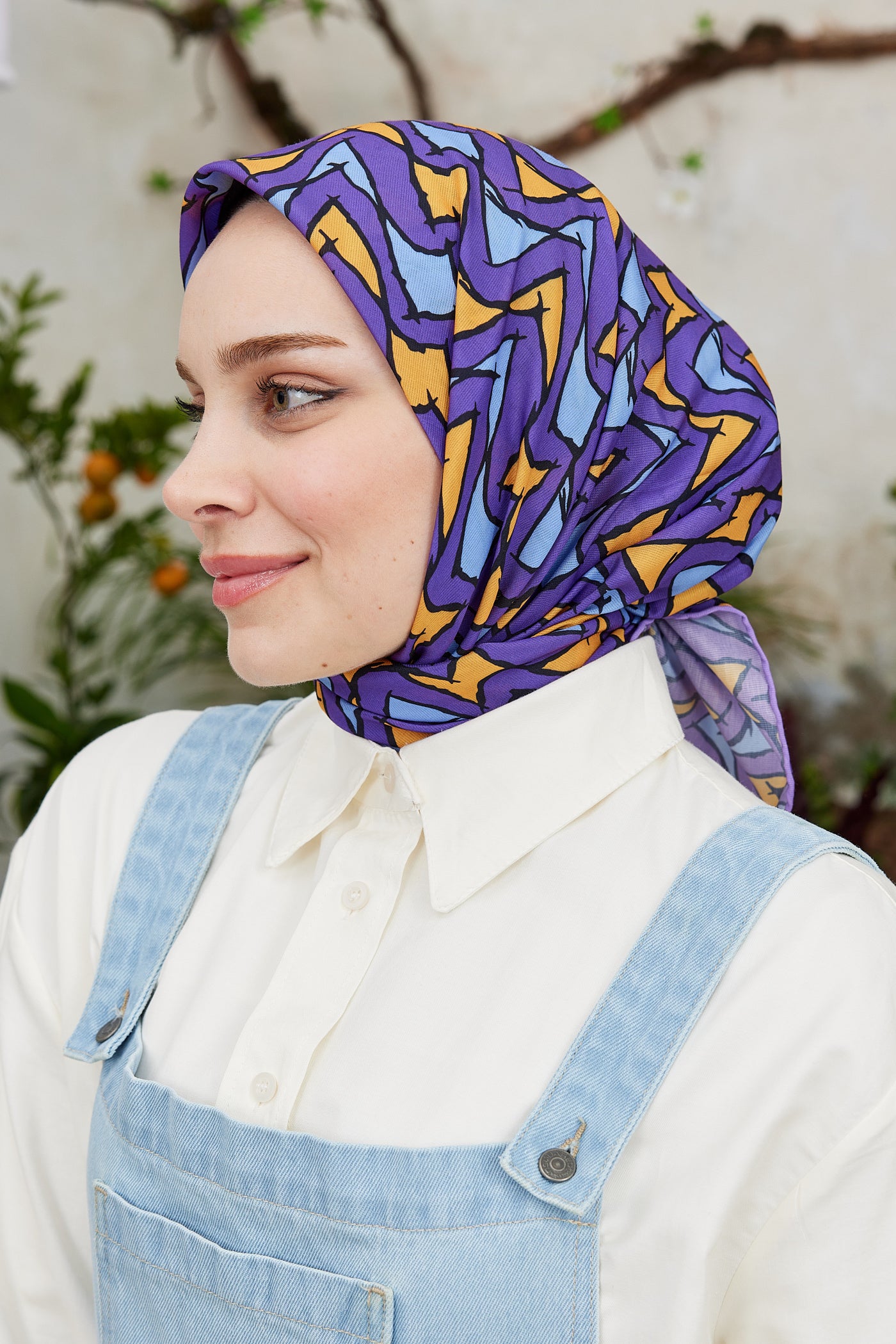 Tesettür Giyim - Pro Line Vera Desen Eşarp - Hardal - Mavi - Emproyal