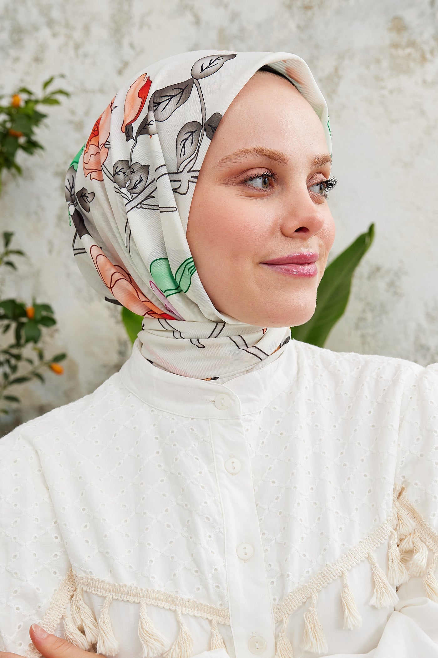 Tesettür Giyim - Pro Line Olivia Desen Eşarp - Turuncu - Yeşil - Emproyal