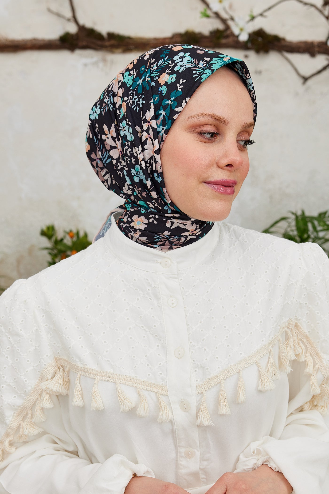 Tesettür Giyim - Pro Line Rosaline Desen Eşarp - Turkuaz - Siyah - Emproyal