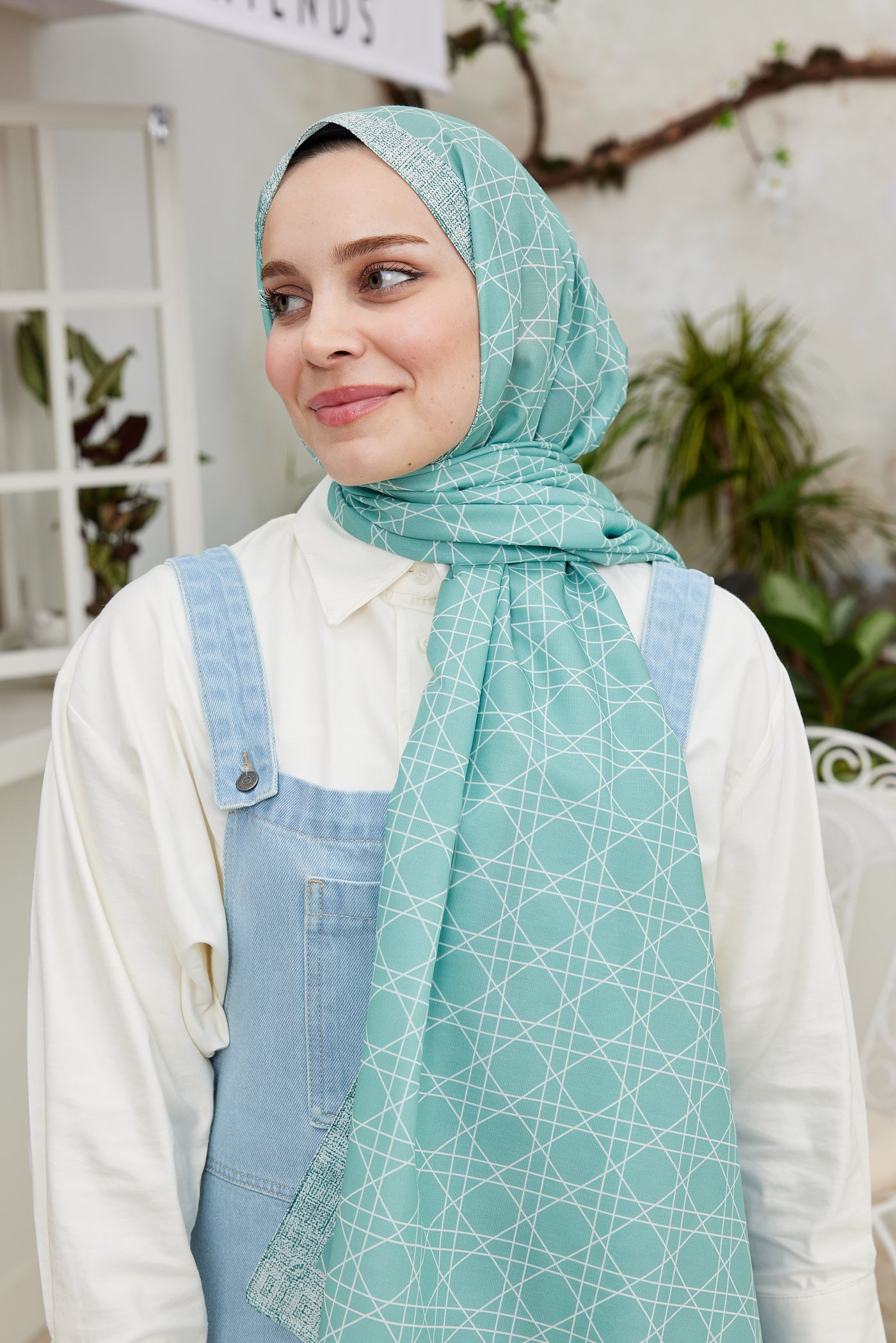 Tesettür Giyim - Pro Line Geometric Desen Şal - Turkuaz - Emproyal