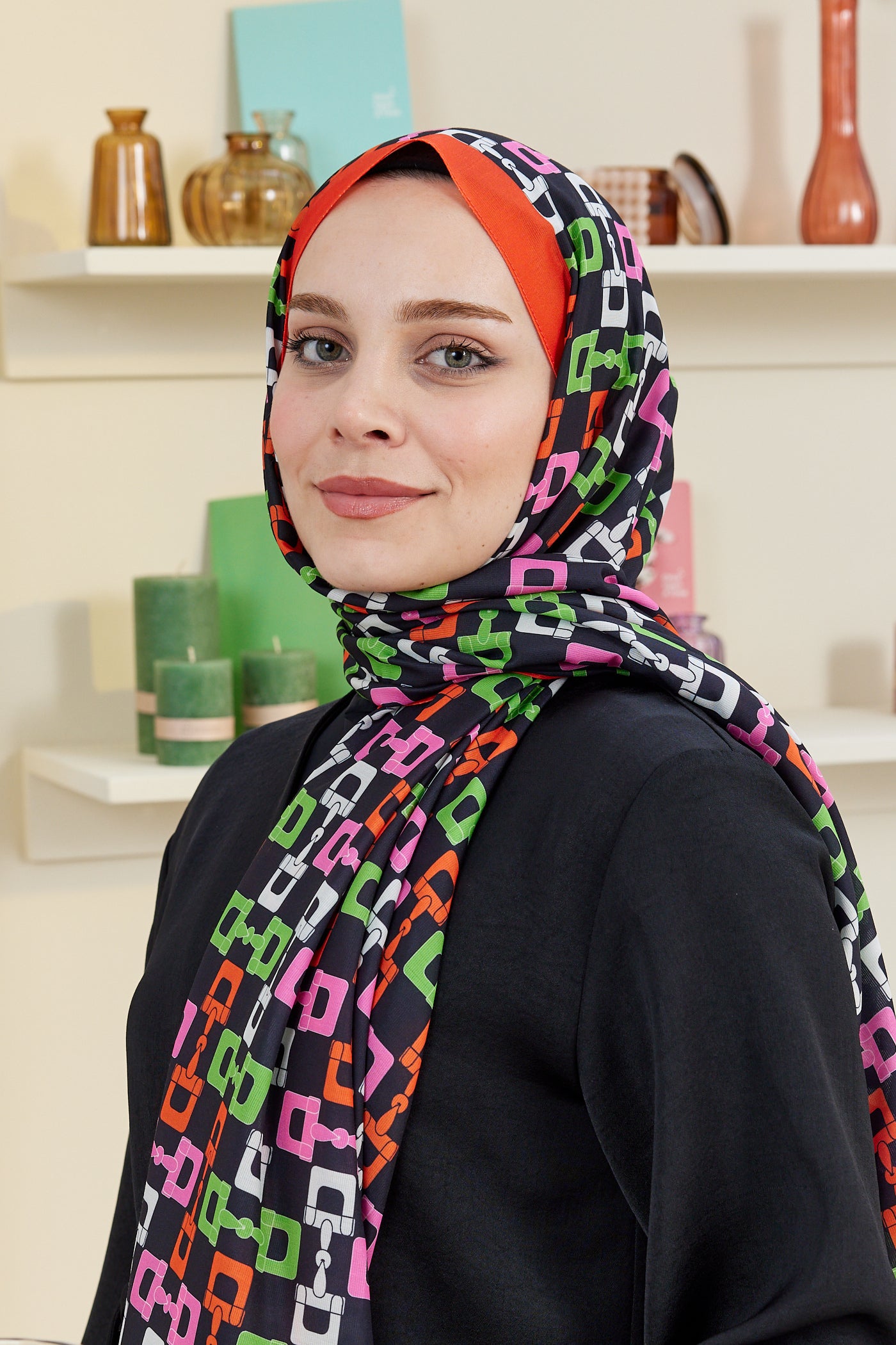 Tesettür Giyim - Pro Line Zincir Desen Şal - Kırmızı - Yeşil - Emproyal