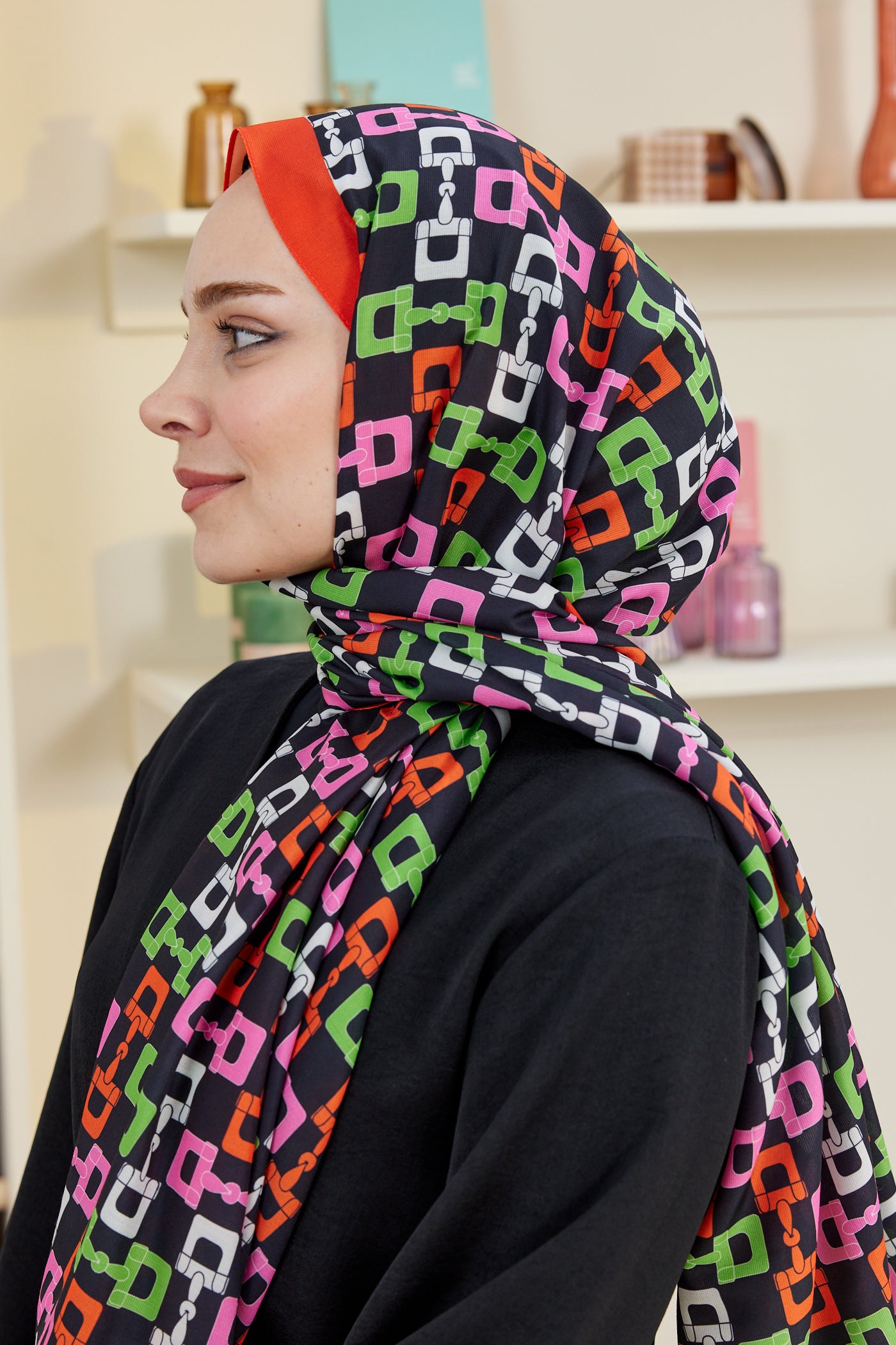 Tesettür Giyim - Pro Line Zincir Desen Şal - Kırmızı - Yeşil - Emproyal