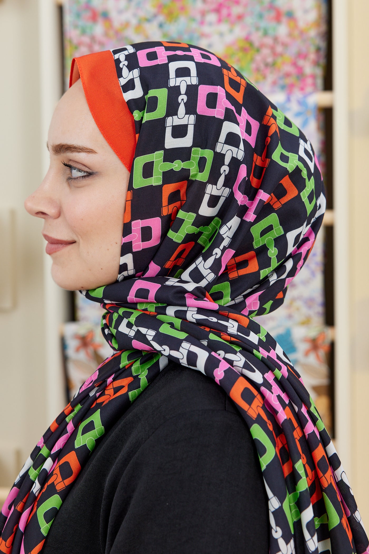 Tesettür Giyim - Pro Line Zincir Desen Şal - Kırmızı - Yeşil - Emproyal