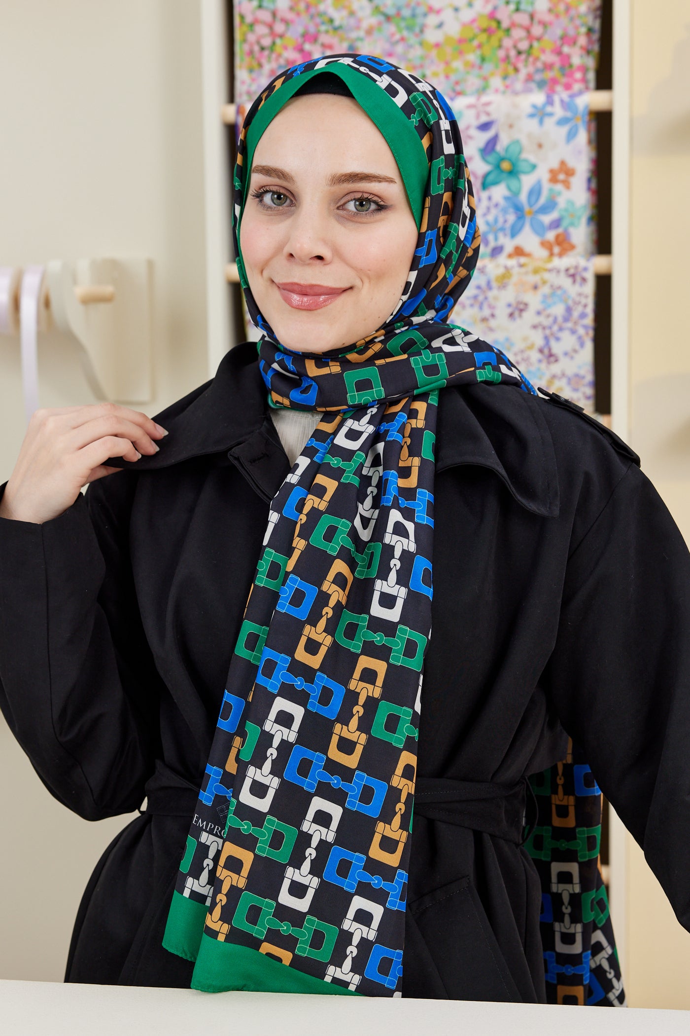 Tesettür Giyim - Pro Line Zincir Desen Şal - Yeşil - Saks - Emproyal