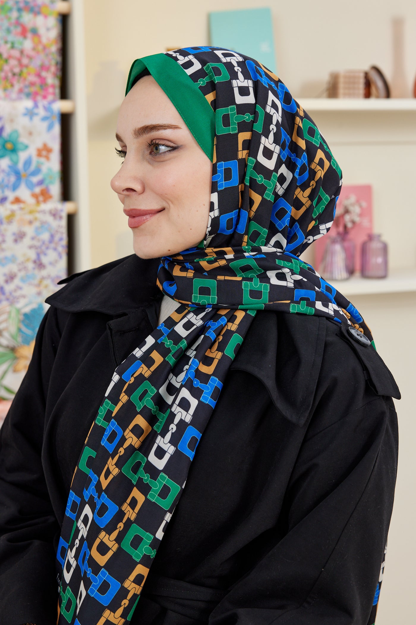 Tesettür Giyim - Pro Line Zincir Desen Şal - Yeşil - Saks - Emproyal
