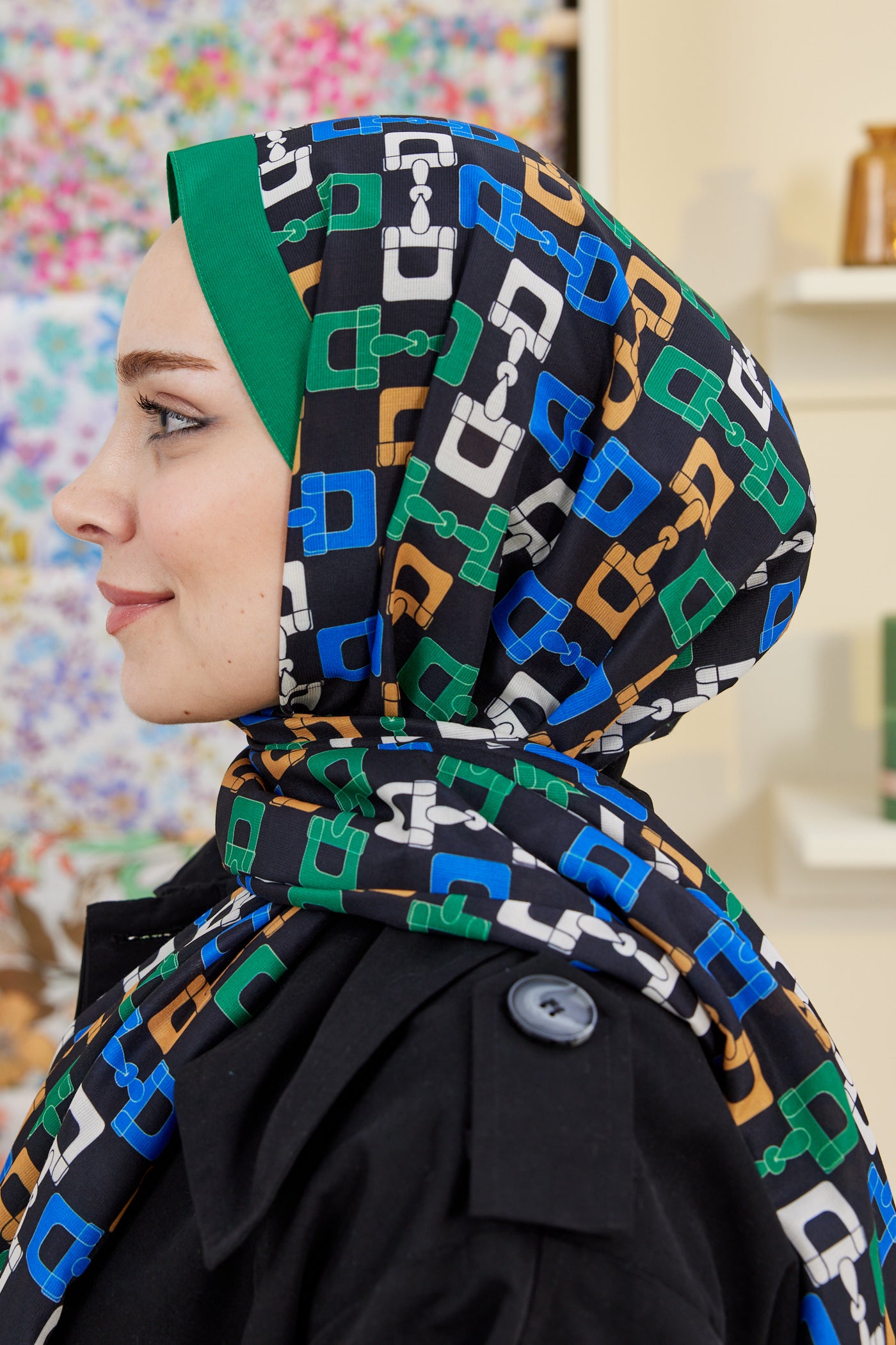 Tesettür Giyim - Pro Line Zincir Desen Şal - Yeşil - Saks - Emproyal