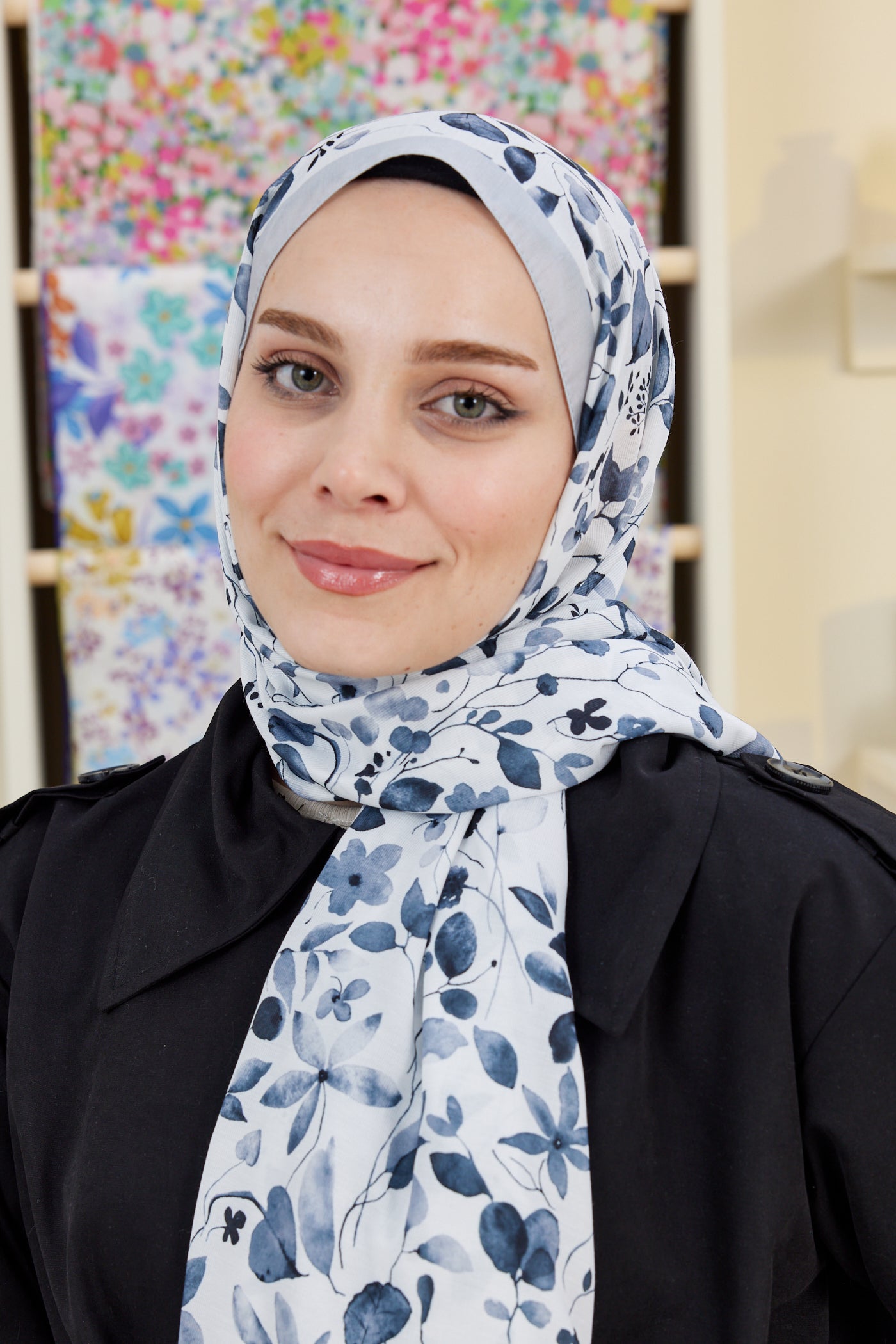 Tesettür Giyim - Pro Line Mimosa Desen Şal - Beyaz - Gri - Emproyal