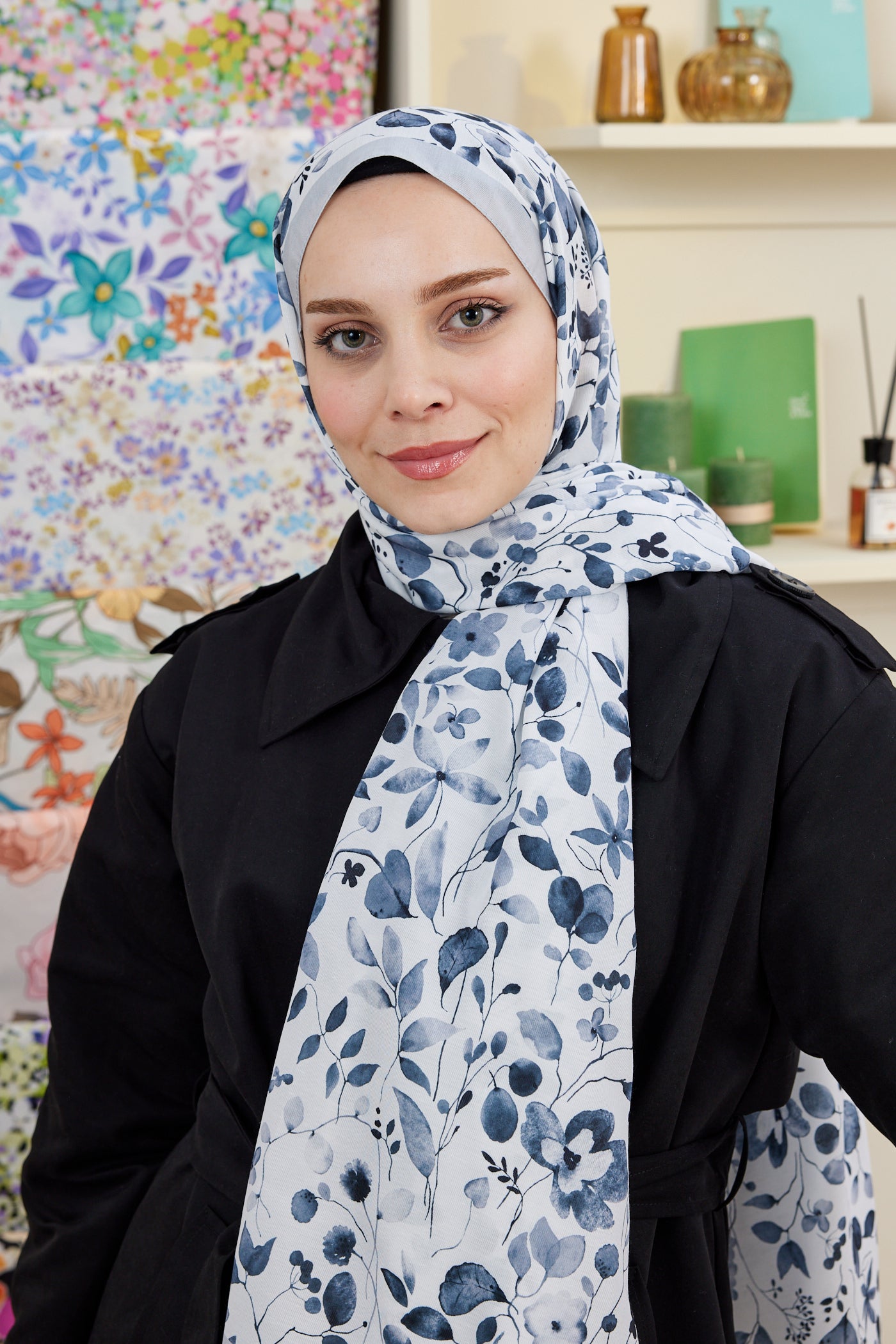 Tesettür Giyim - Pro Line Mimosa Desen Şal - Beyaz - Gri - Emproyal