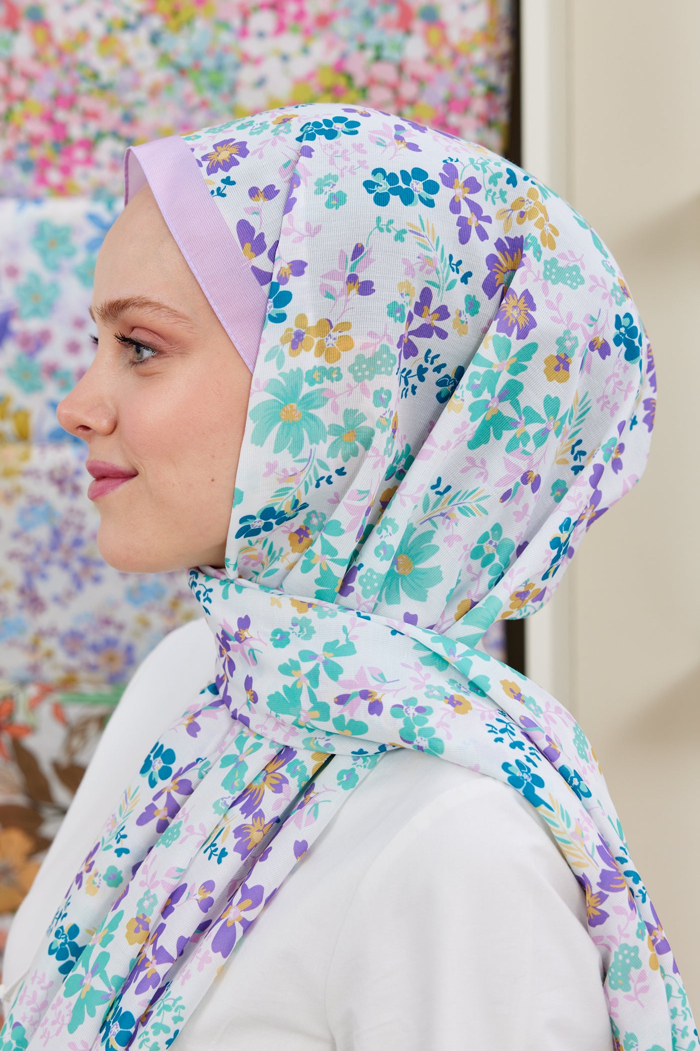 Tesettür Giyim - Pro Line Rosaline Desen Şal - Turkuaz - Mor - Emproyal