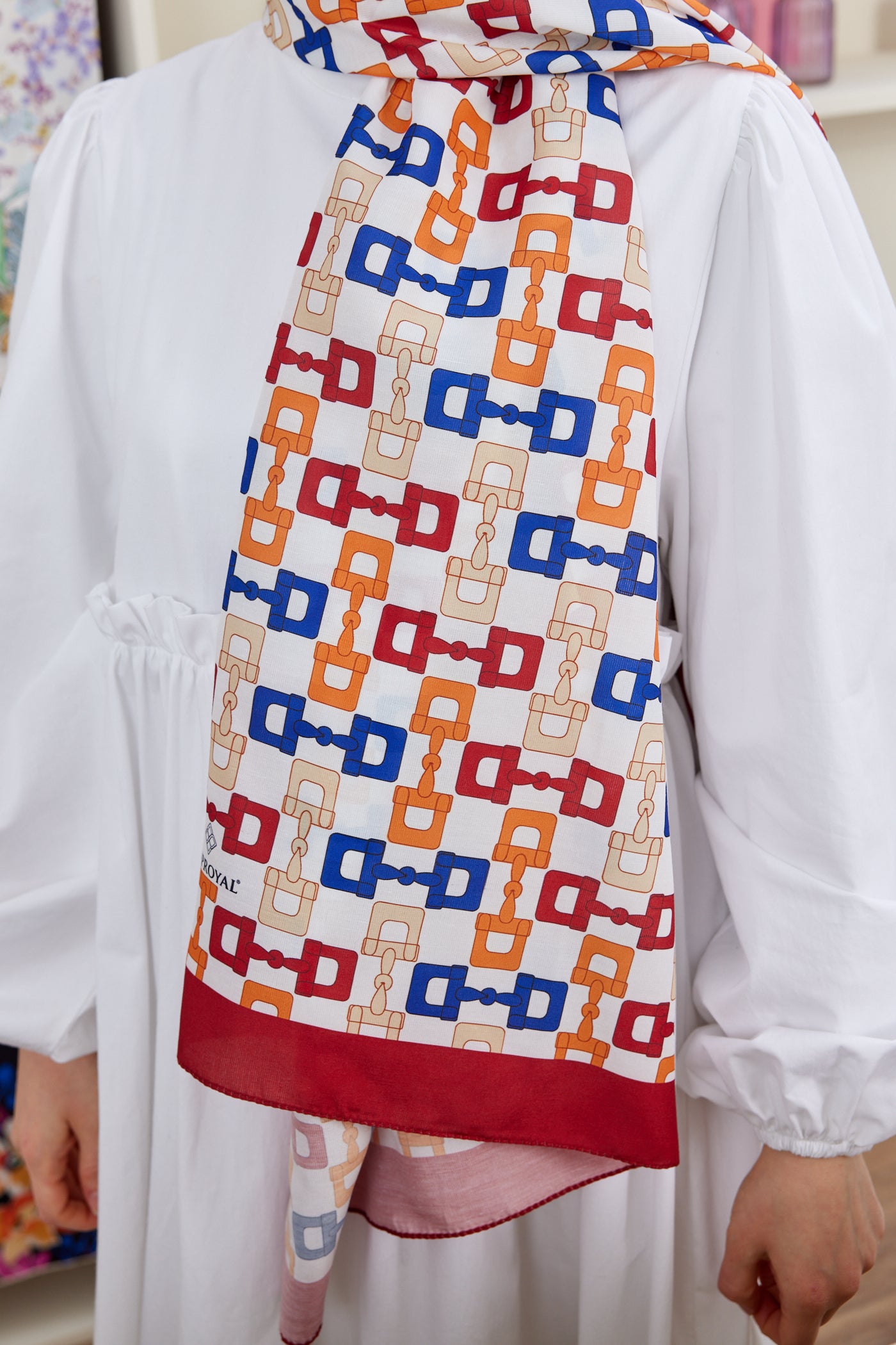 Tesettür Giyim - Pro Line Zincir Desen Şal - Kırmızı - Saks - Emproyal