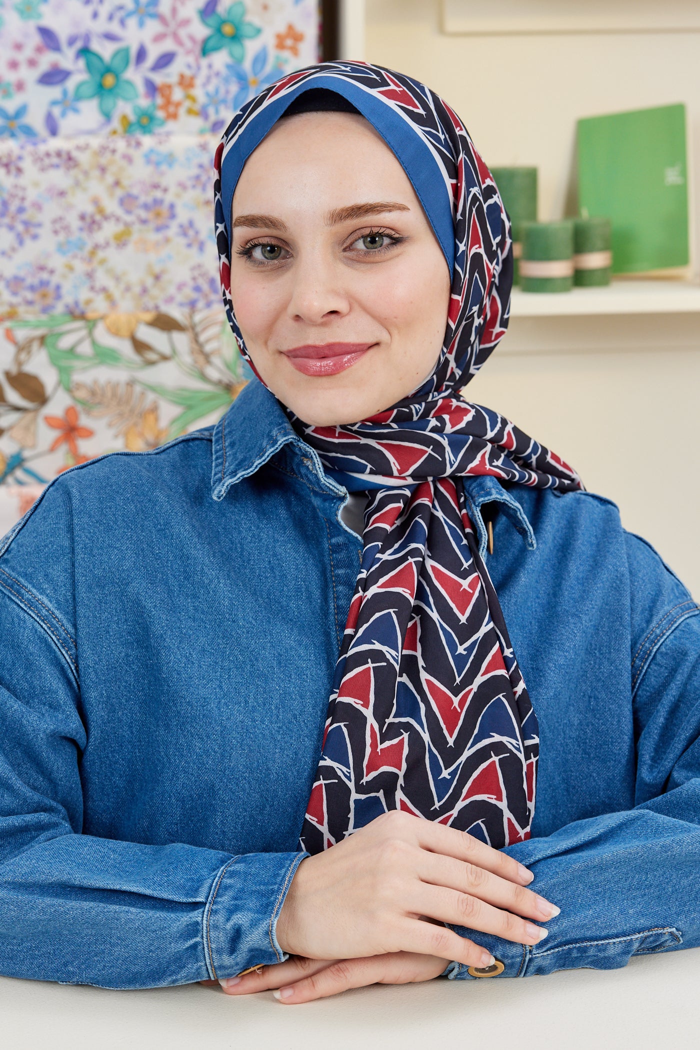 Tesettür Giyim - Pro Line Vera Desen Şal - Lacivert - Kırmızı - Emproyal