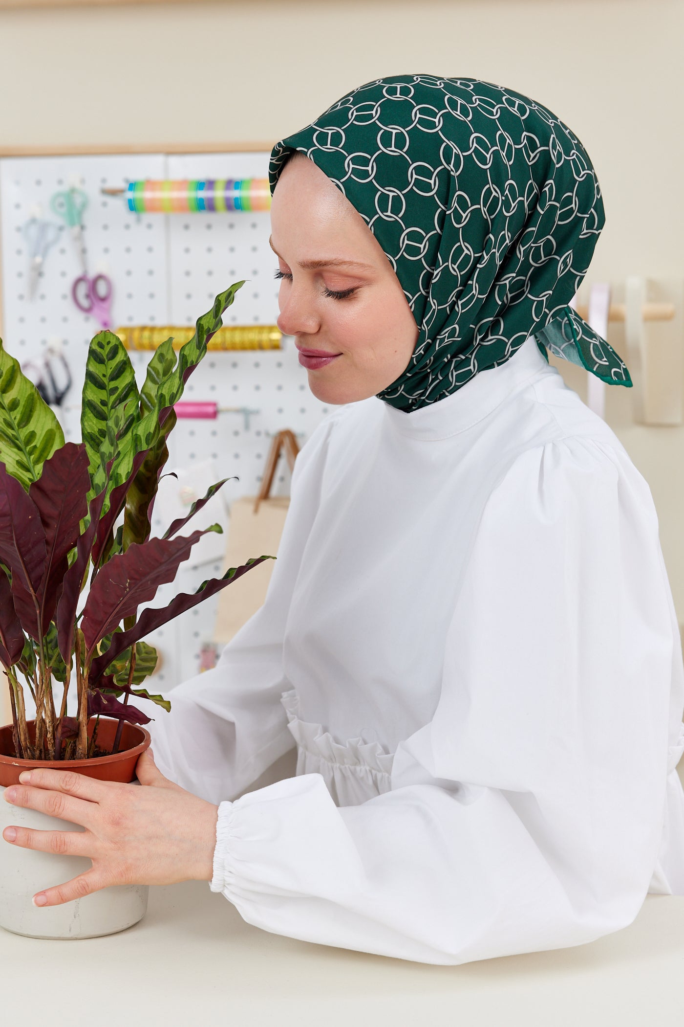 Tesettür Giyim - Pro Line Hera Desen Eşarp - Yeşil - Krem - Emproyal