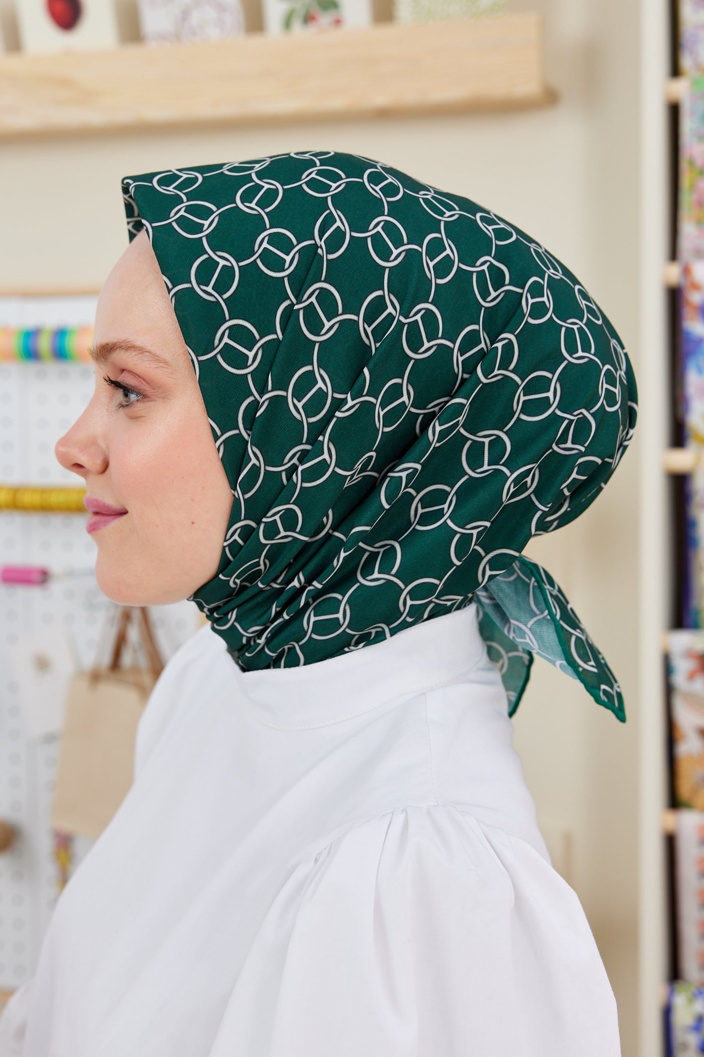 Tesettür Giyim - Pro Line Hera Desen Eşarp - Yeşil - Krem - Emproyal