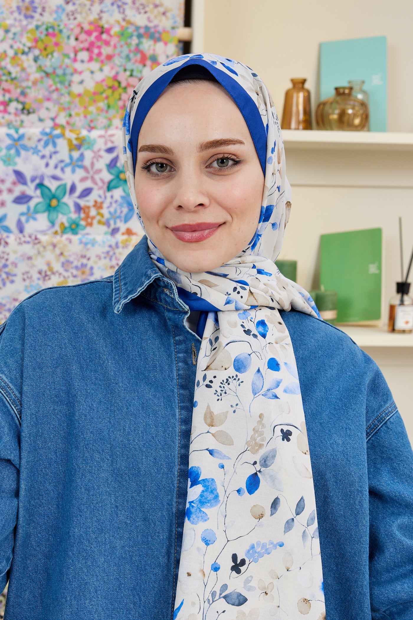 Tesettür Giyim - Pro Line Mimosa Desen Şal - Bej - Mavi - Emproyal