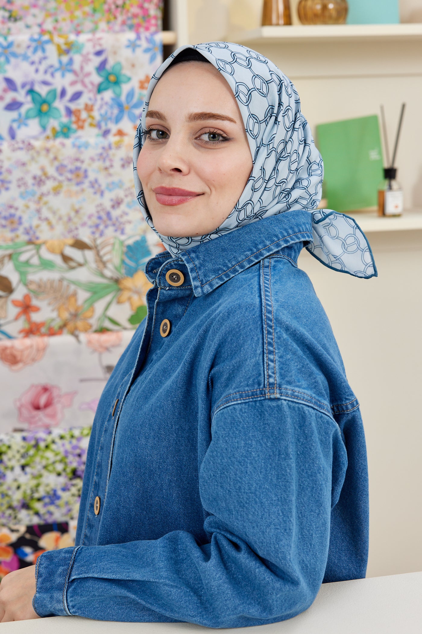 Tesettür Giyim - Pro Line Hera Desen Eşarp - Krem - Mavi - Emproyal