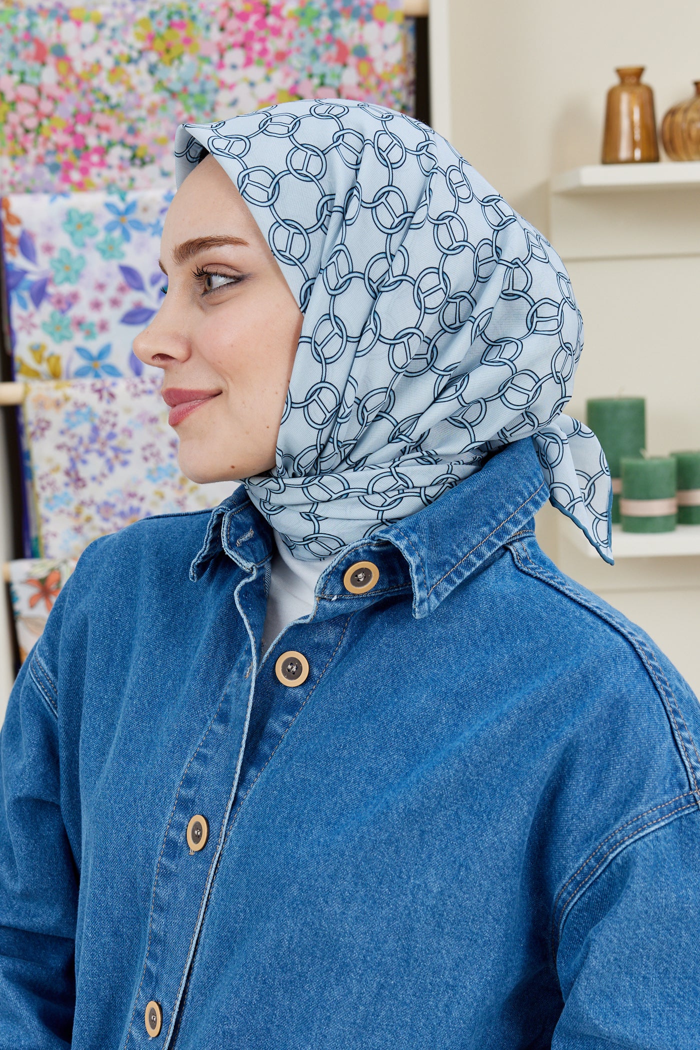 Tesettür Giyim - Pro Line Hera Desen Eşarp - Krem - Mavi - Emproyal