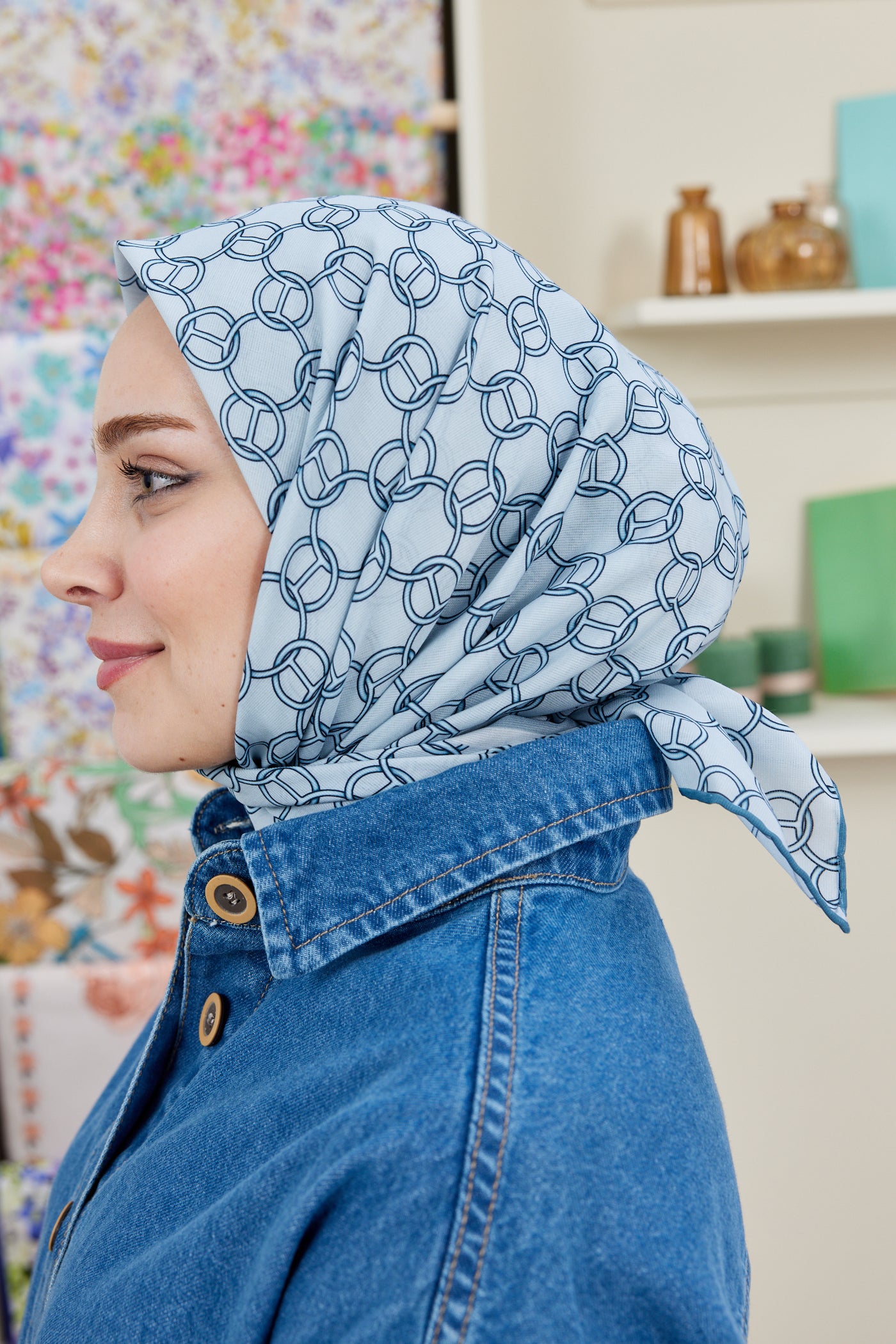 Tesettür Giyim - Pro Line Hera Desen Eşarp - Krem - Mavi - Emproyal