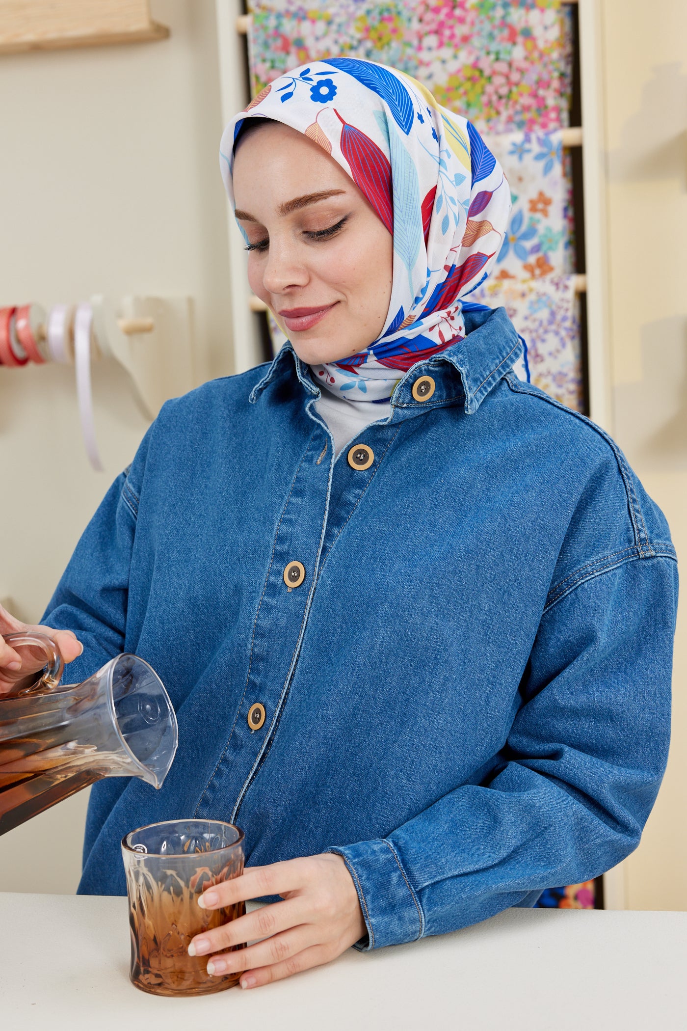 Tesettür Giyim - Pro Line Perla Desen Eşarp - Saks - Kırmızı - Emproyal