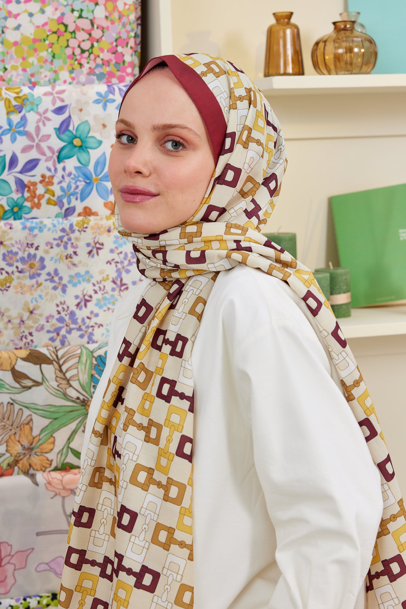 Tesettür Giyim - Pro Line Zincir Desen Şal - Bordo - Hardal - Emproyal