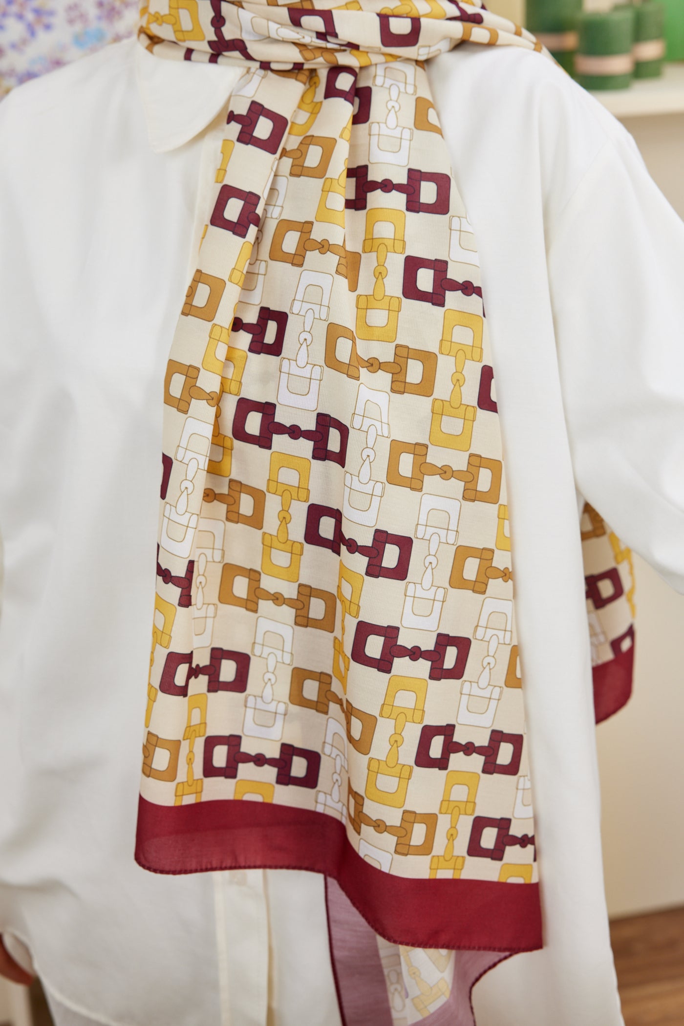 Tesettür Giyim - Pro Line Zincir Desen Şal - Bordo - Hardal - Emproyal