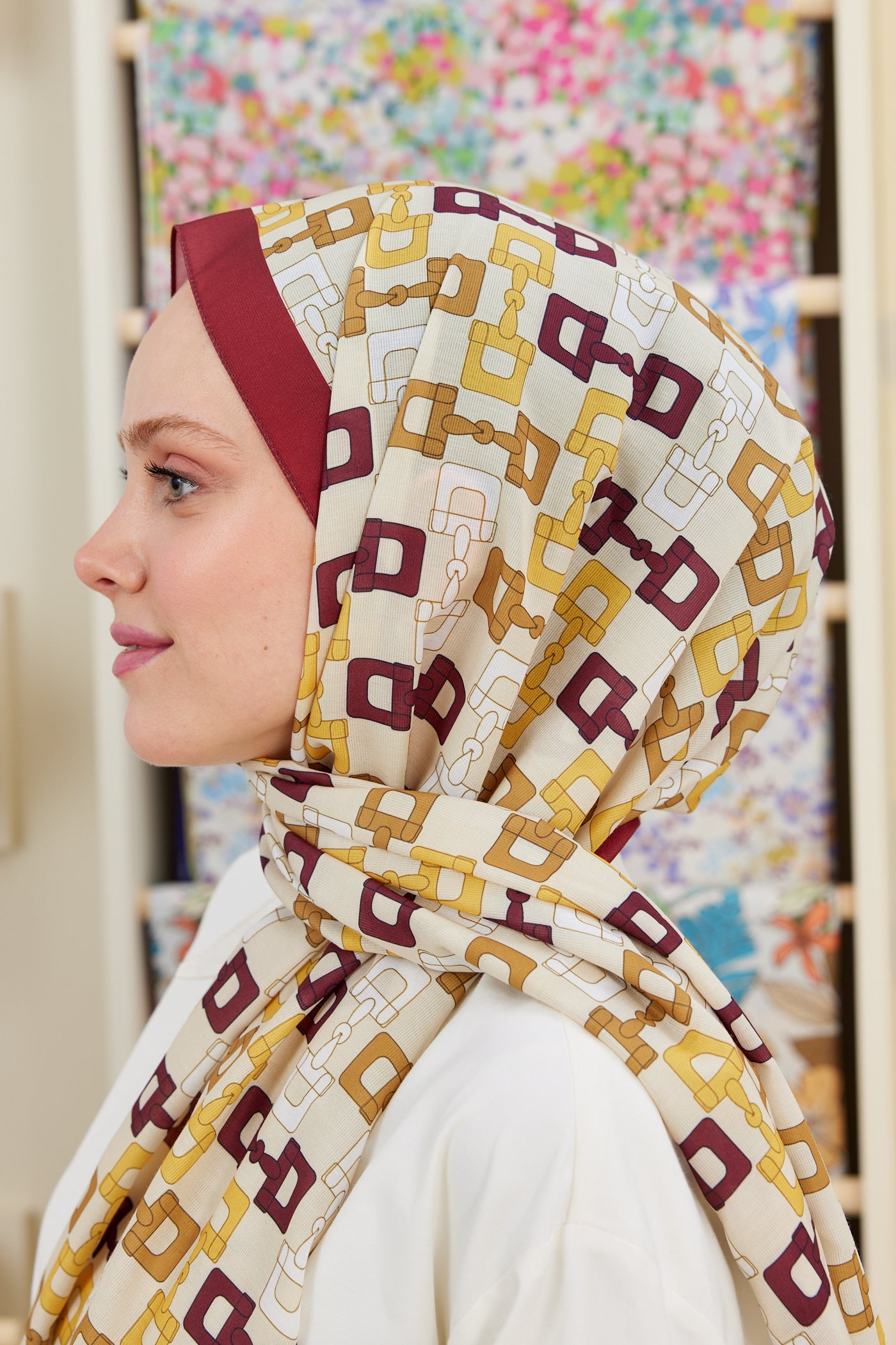 Tesettür Giyim - Pro Line Zincir Desen Şal - Bordo - Hardal - Emproyal