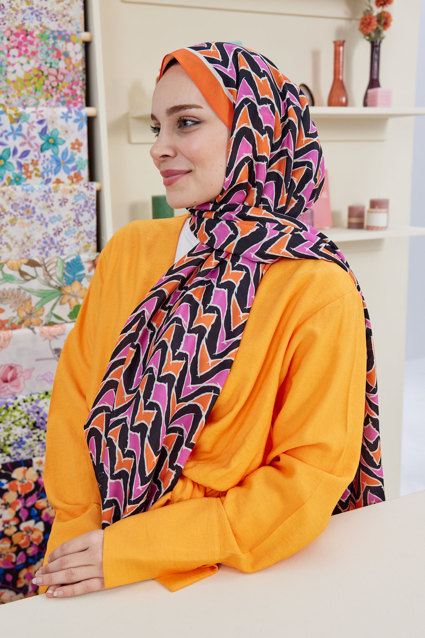 Tesettür Giyim - Pro Line Vera Desen Şal - Turuncu - Pembe - Emproyal