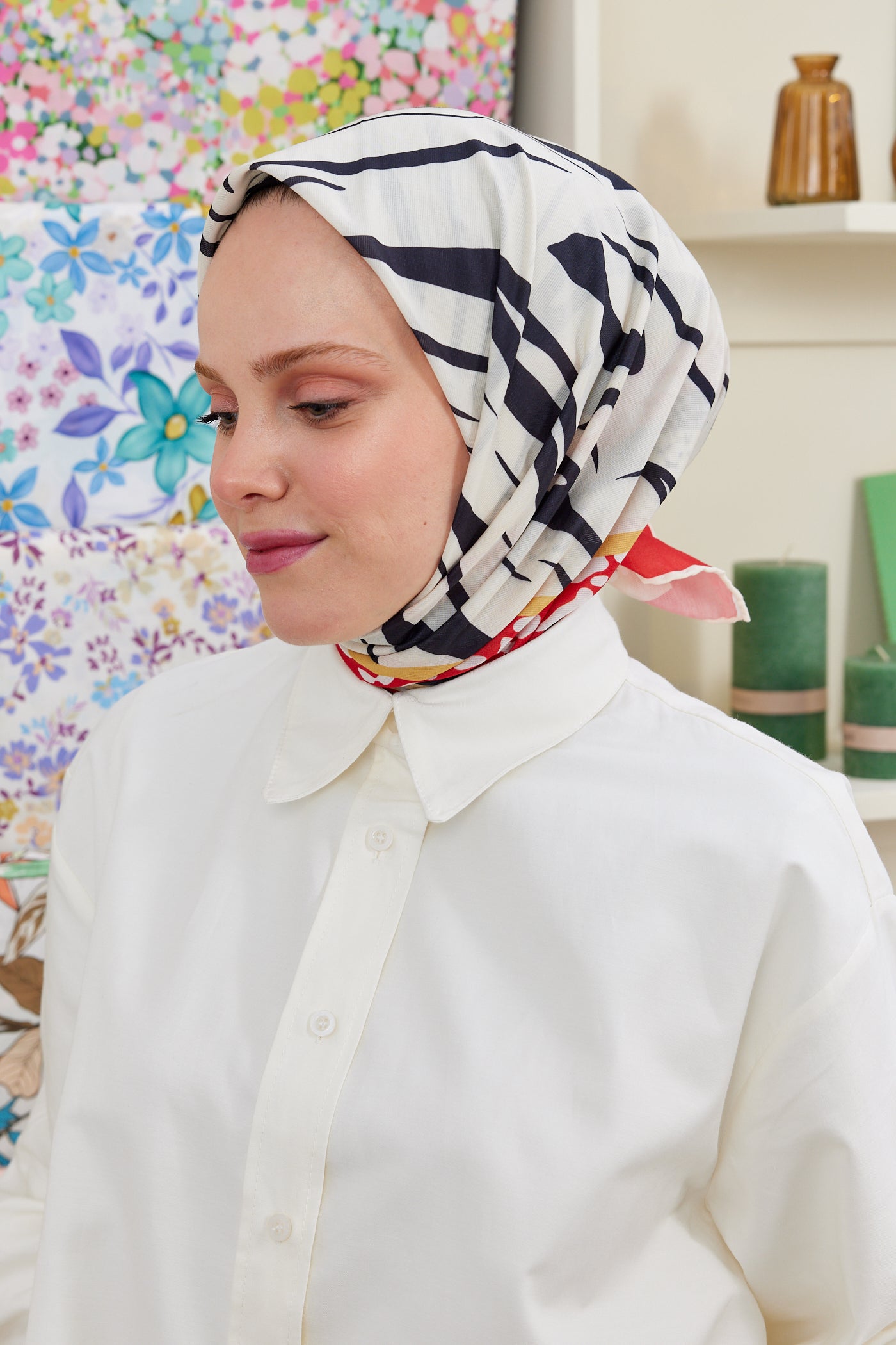 Tesettür Giyim - Pro Line Şeritli Zebra Desen Eşarp - Kırmızı - Emproyal