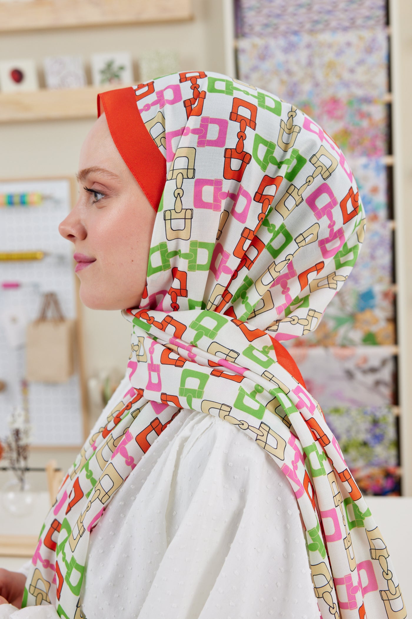 Tesettür Giyim - Pro Line Zincir Desen Şal - Turuncu - Sarı - Emproyal