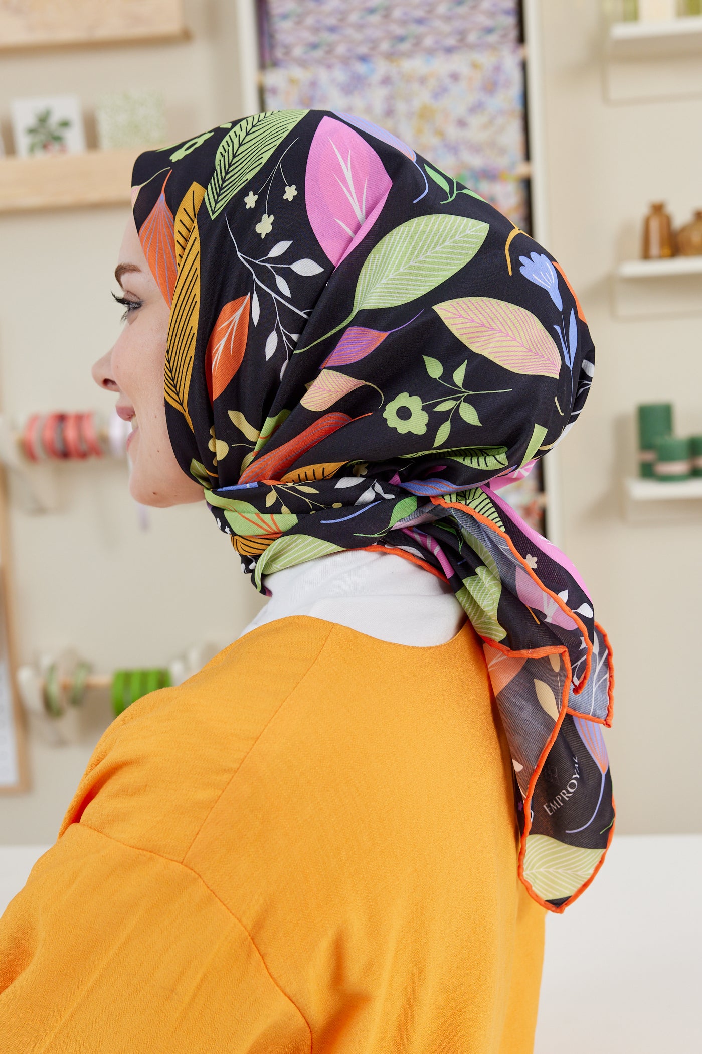 Tesettür Giyim - Pro Line Perla Desen Eşarp - Turuncu - Yeşil - Emproyal