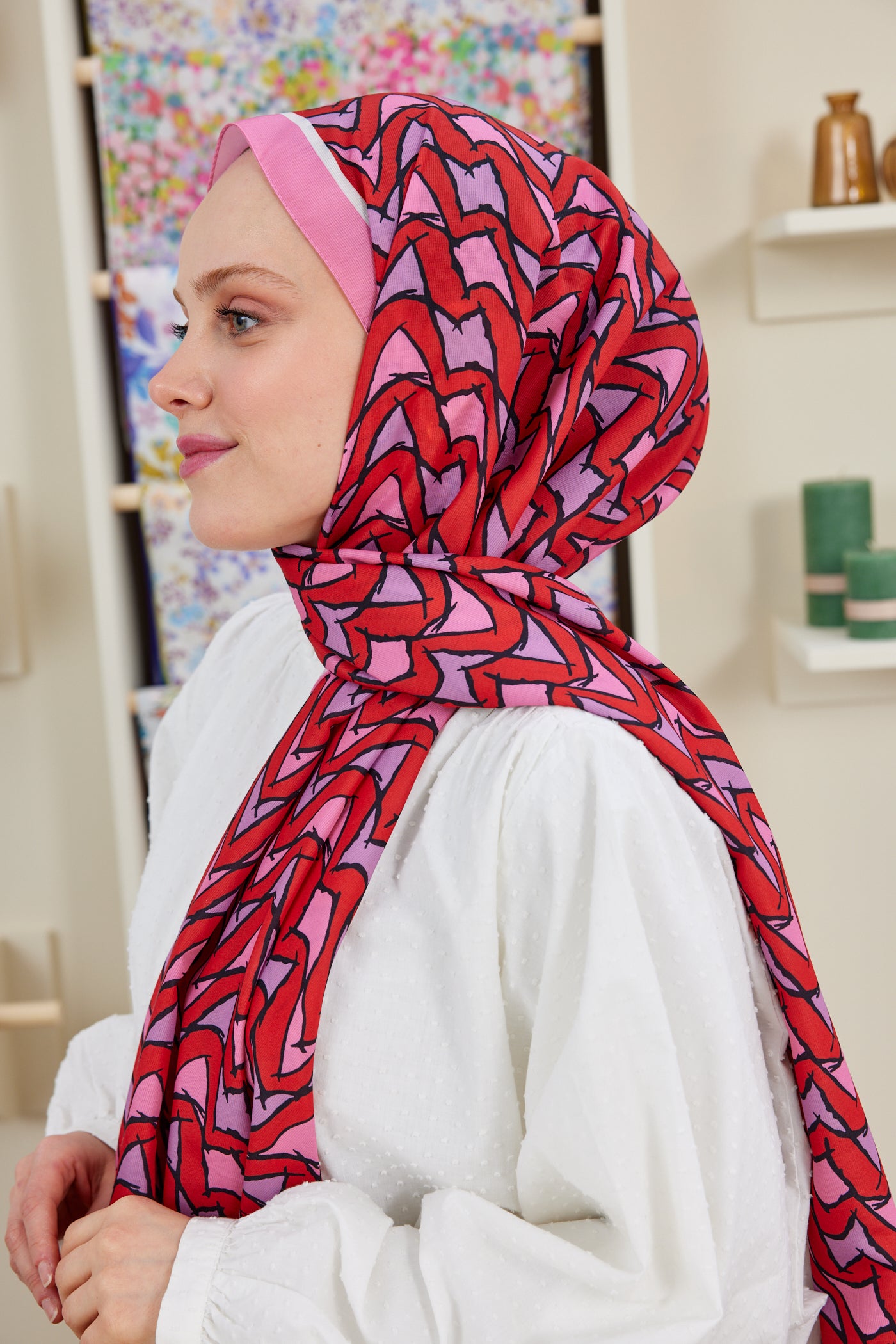 Tesettür Giyim - Pro Line Vera Desen Şal - Kırmızı - Pembe - Emproyal