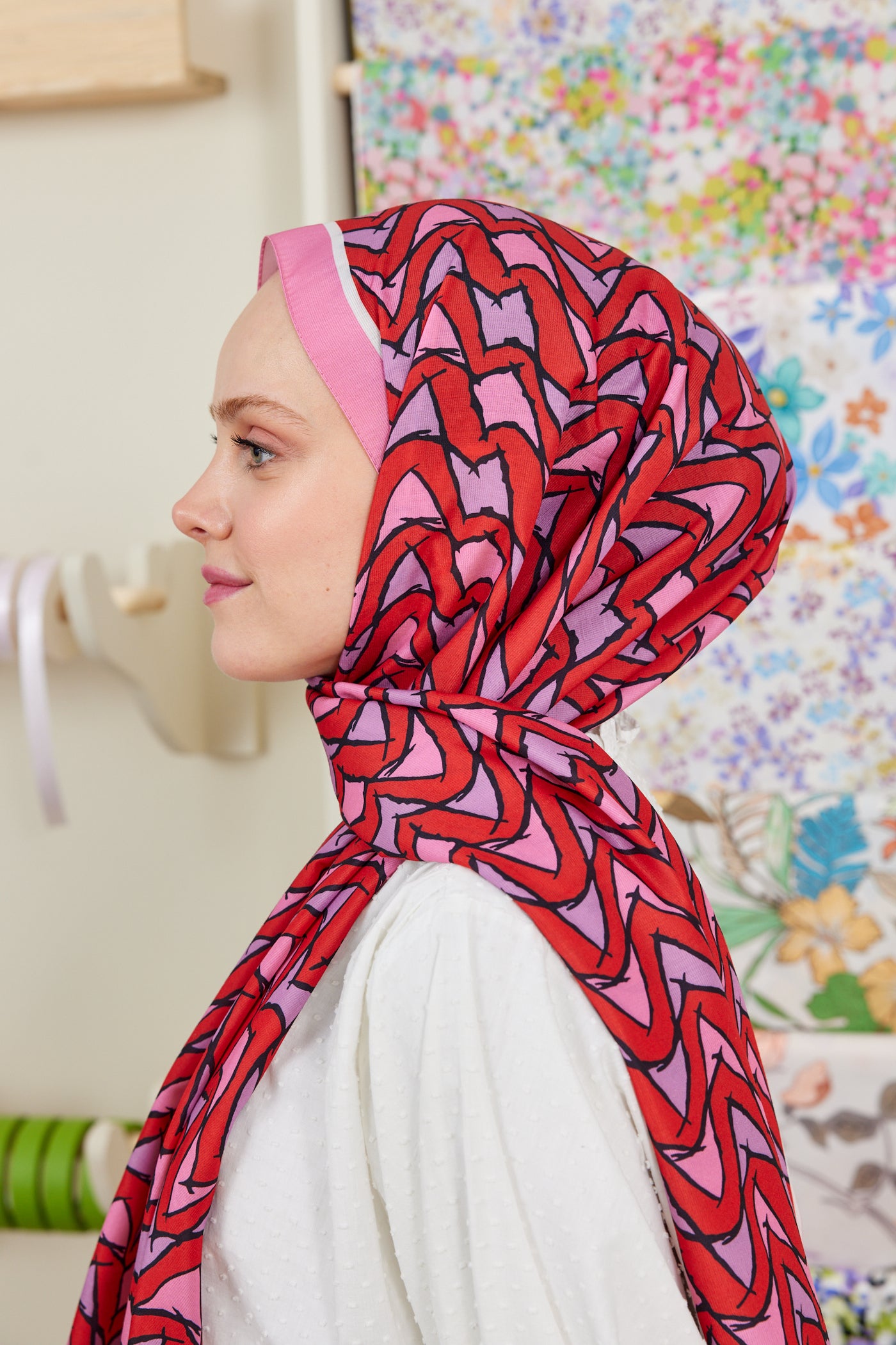 Tesettür Giyim - Pro Line Vera Desen Şal - Kırmızı - Pembe - Emproyal