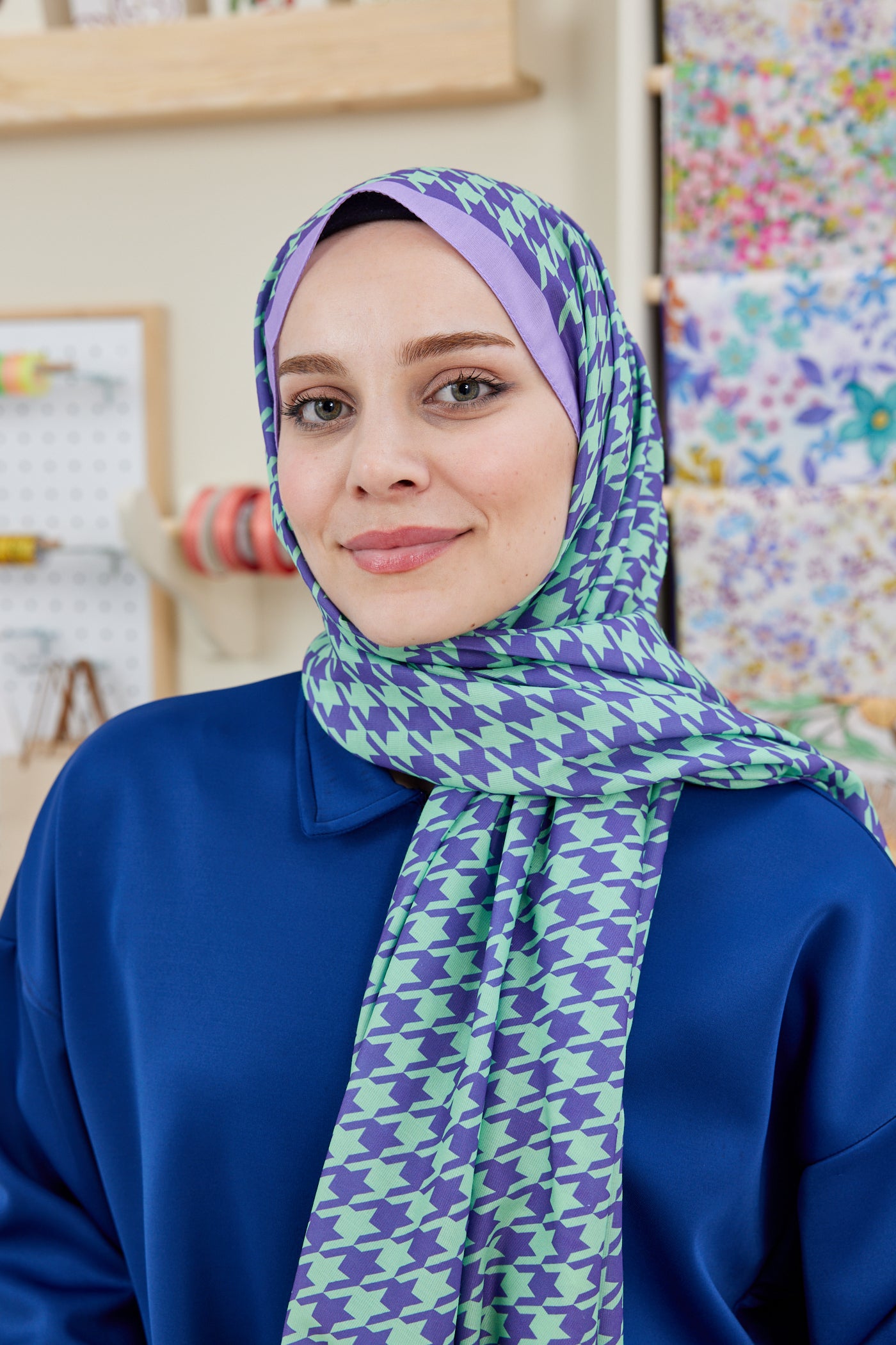 Tesettür Giyim - Pro Line Kazayağı Desen Şal - Lila - Turkuaz - Emproyal